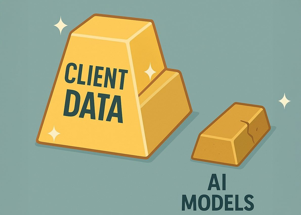 Large glowing gold bars labeled Client Data next to a small cracked bar labeled AI Models.