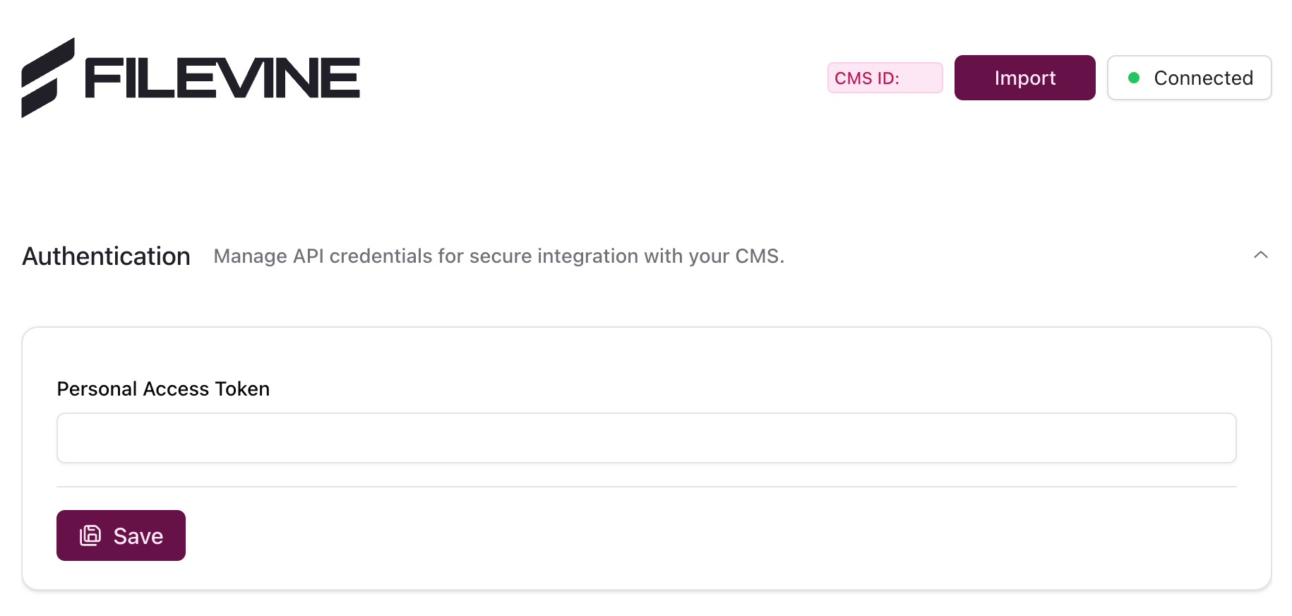 Entering API Credentials in Quilia Paste Org ID and Personal Access Token back in Quilia
