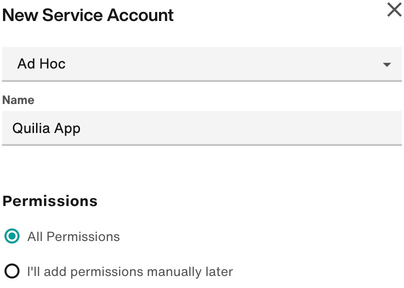 Creating a New Service Account in Filevine Screenshot of the New Service Account form in Filevine with “Ad Hoc” selected, name set to “Quilia App,” and “All Permissions” chosen