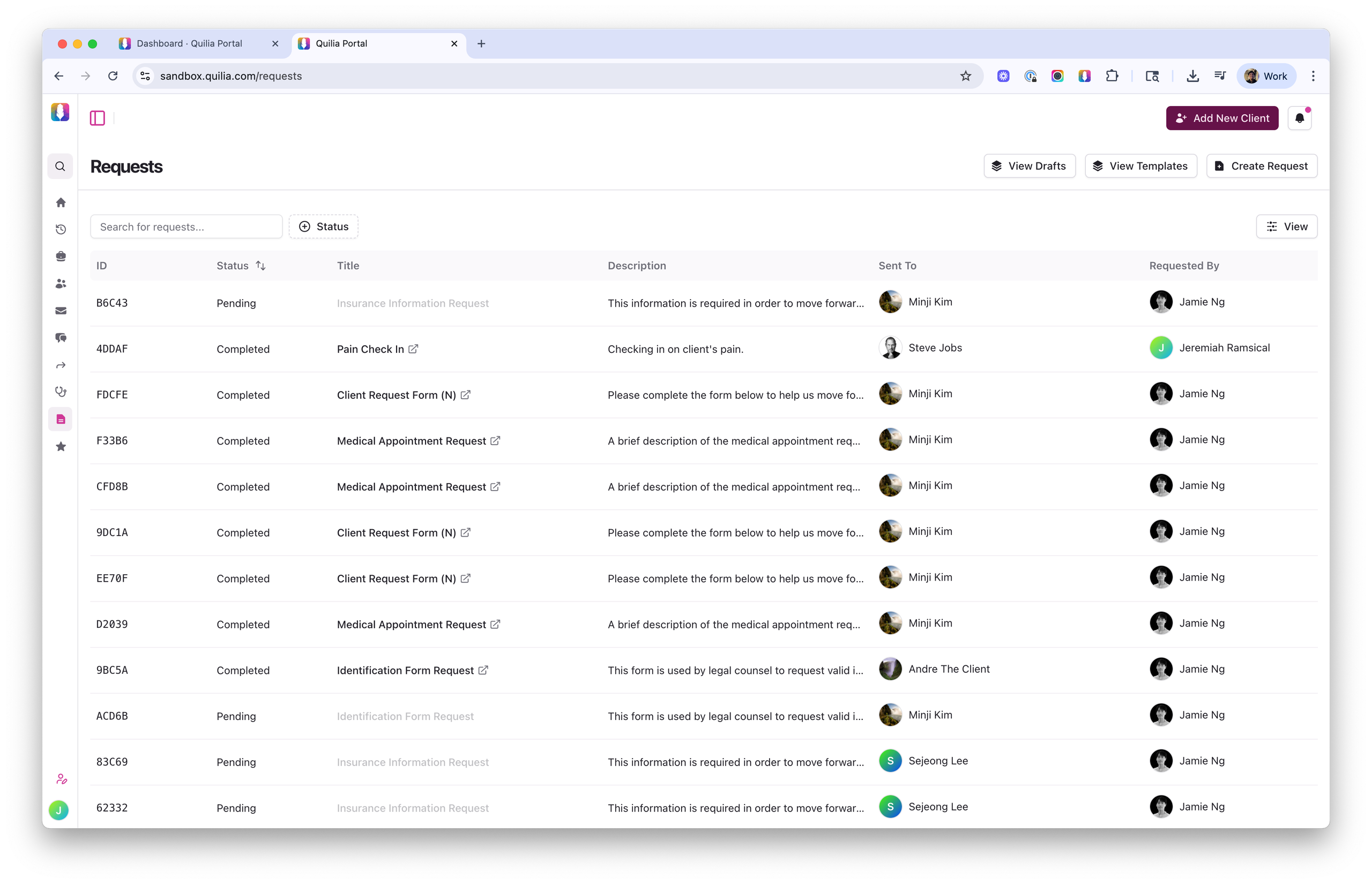 “Requests dashboard in Quilia Portal — track client request forms, their status, and who they were sent to.” Quilia Portal Requests dashboard showing client request statuses, titles, and assigned users.
