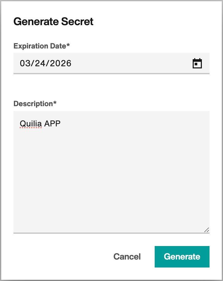 Setting Expiration and Description for Client Secret in Filevine Screenshot of the Generate Secret form in Filevine with an expiration date set to 03/24/2026 and the description “Quilia APP”