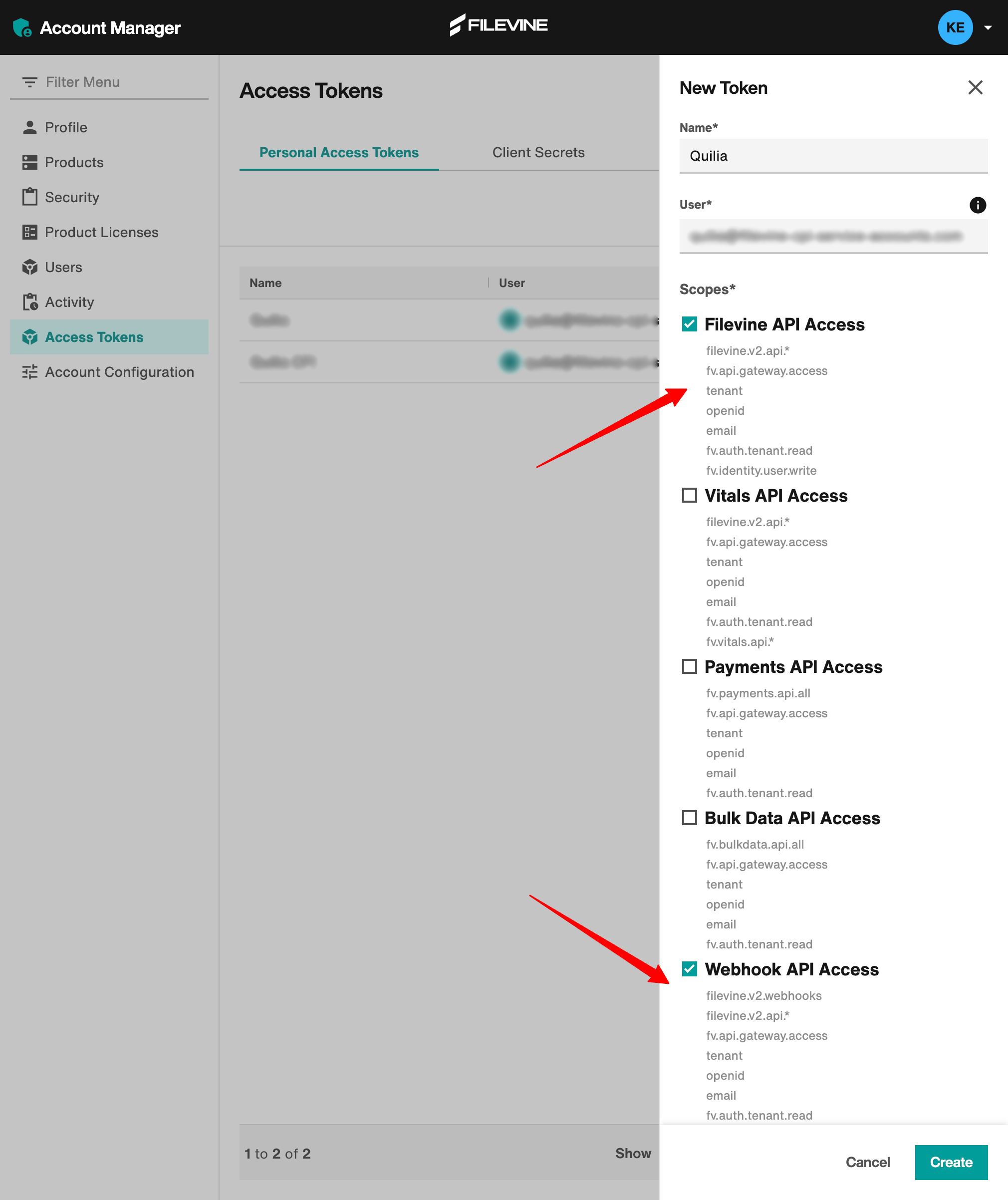 Configuring a New Token in Filevine The name should be “Quilia App” and scopes selected for Filevine API Access and Webhook API Access