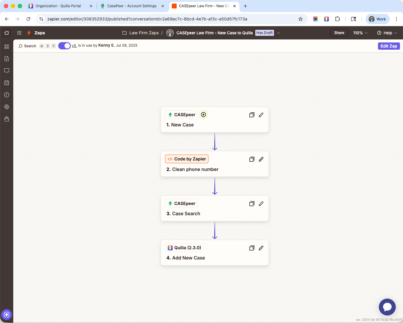 Zapier flow for CasePeer integration: New Case trigger, phone clean, Case Search, add new case.