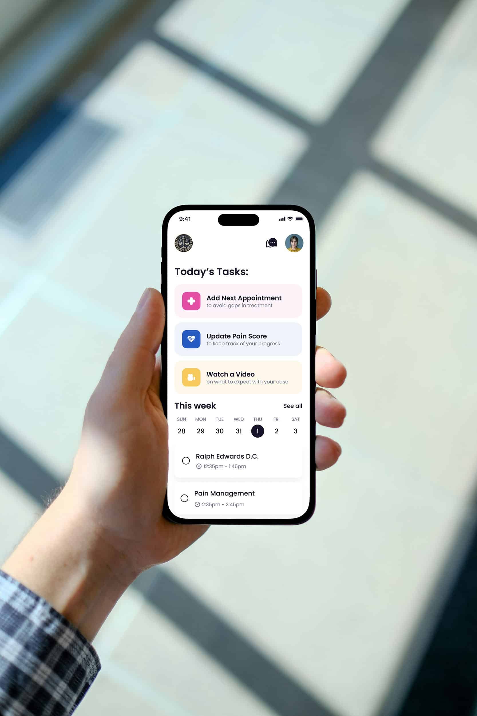Quilia app interface showing client self-management features like treatment updates, appointments, and case status.
