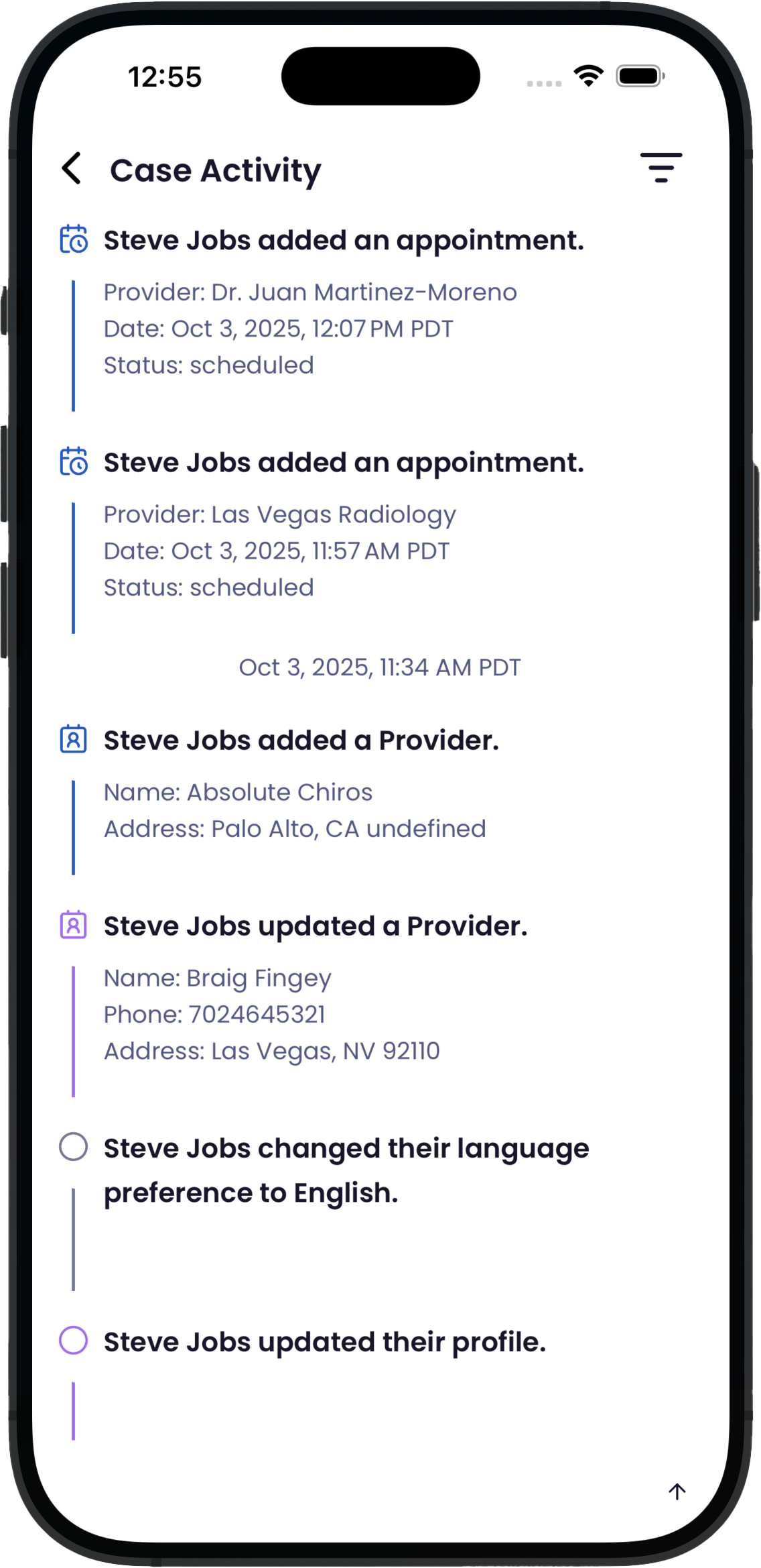 Track every client action—appointments, provider updates, and preferences—in Quilia’s Case Activity view. Mobile Case Activity showing Steve Jobs adding appointments, providers, and updates in Quilia app.