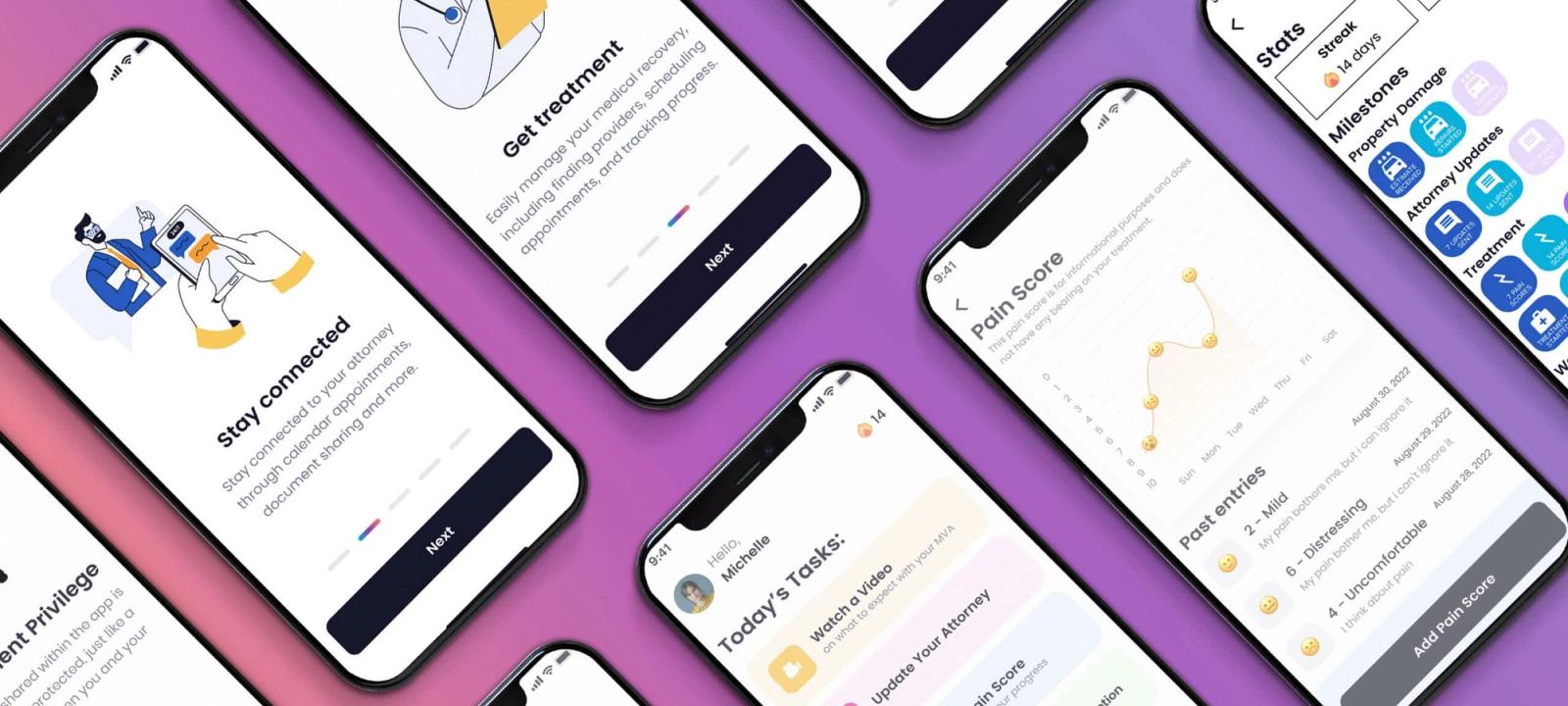 Mockup of Quilia app on smartphones, showcasing its features for managing personal injury cases