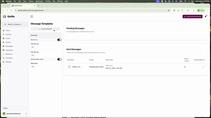 Screen recording showing how to create a new phase message template in Quilia, including selecting t