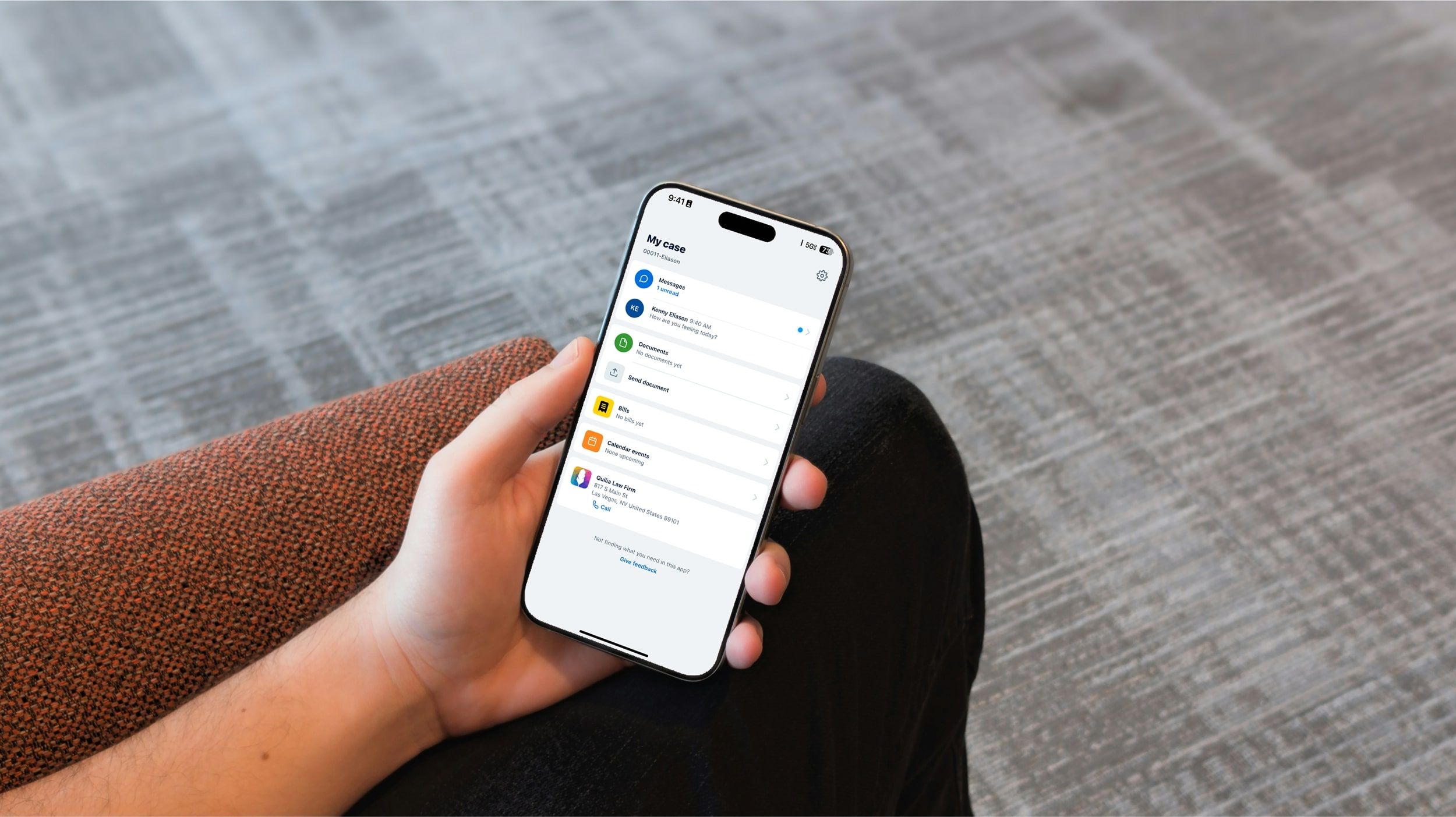 Screenshot of the Clio for Clients app showing messages and calendar