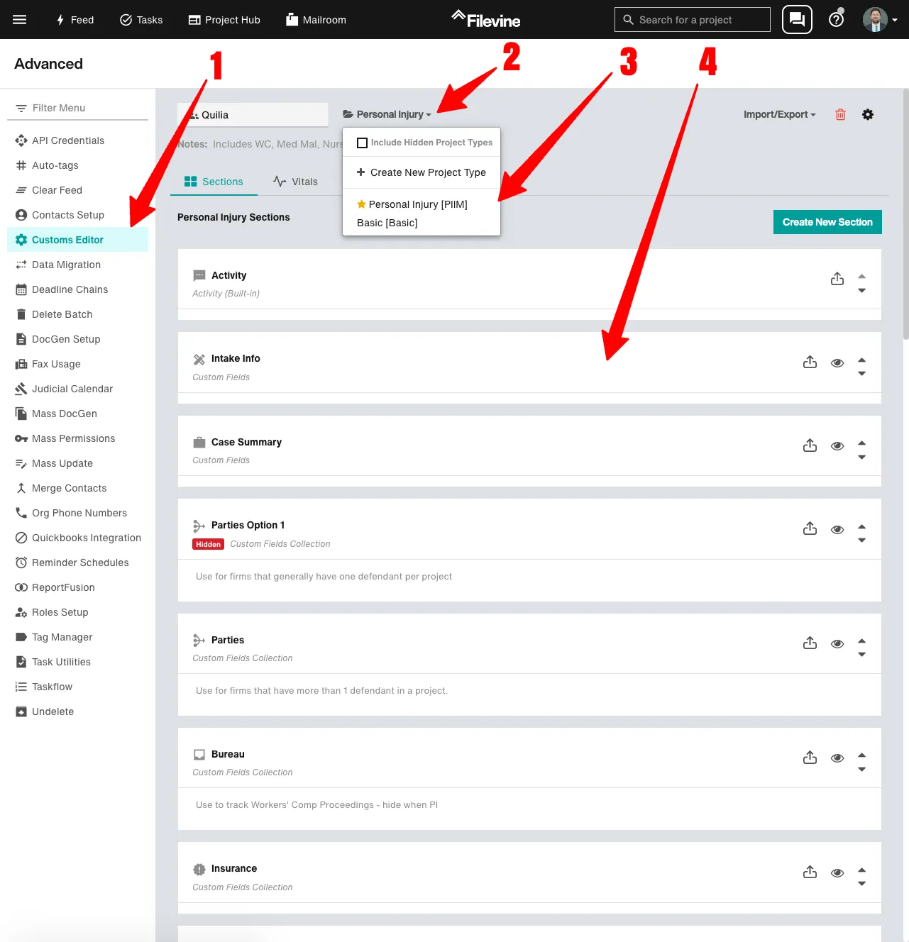 Screenshot showing how to open the Customs Editor and select a Project Type in Filevine