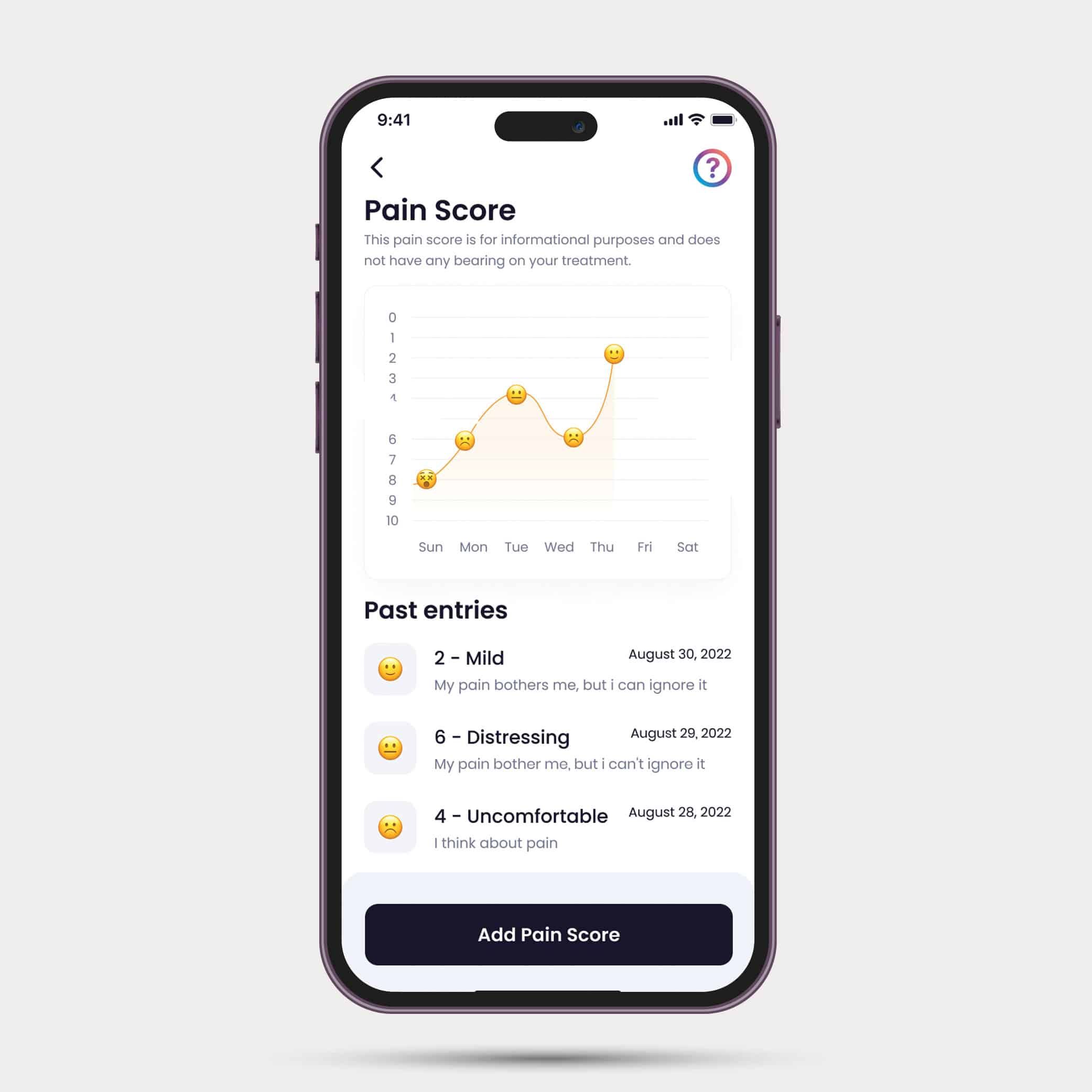 Mobile phone showing pain score tracking on Quilia app