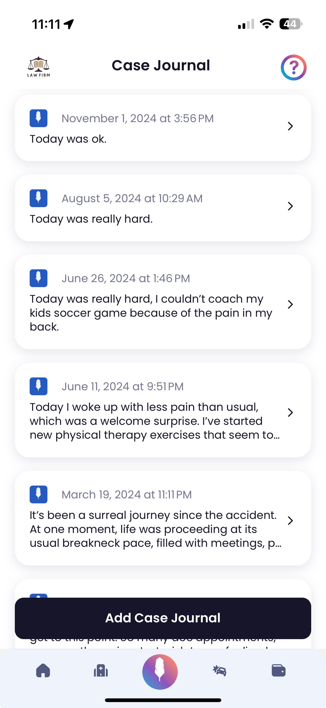 Screenshot of the Quilia app’s Case Journal tab where users can enter daily pain levels, lifestyle i
