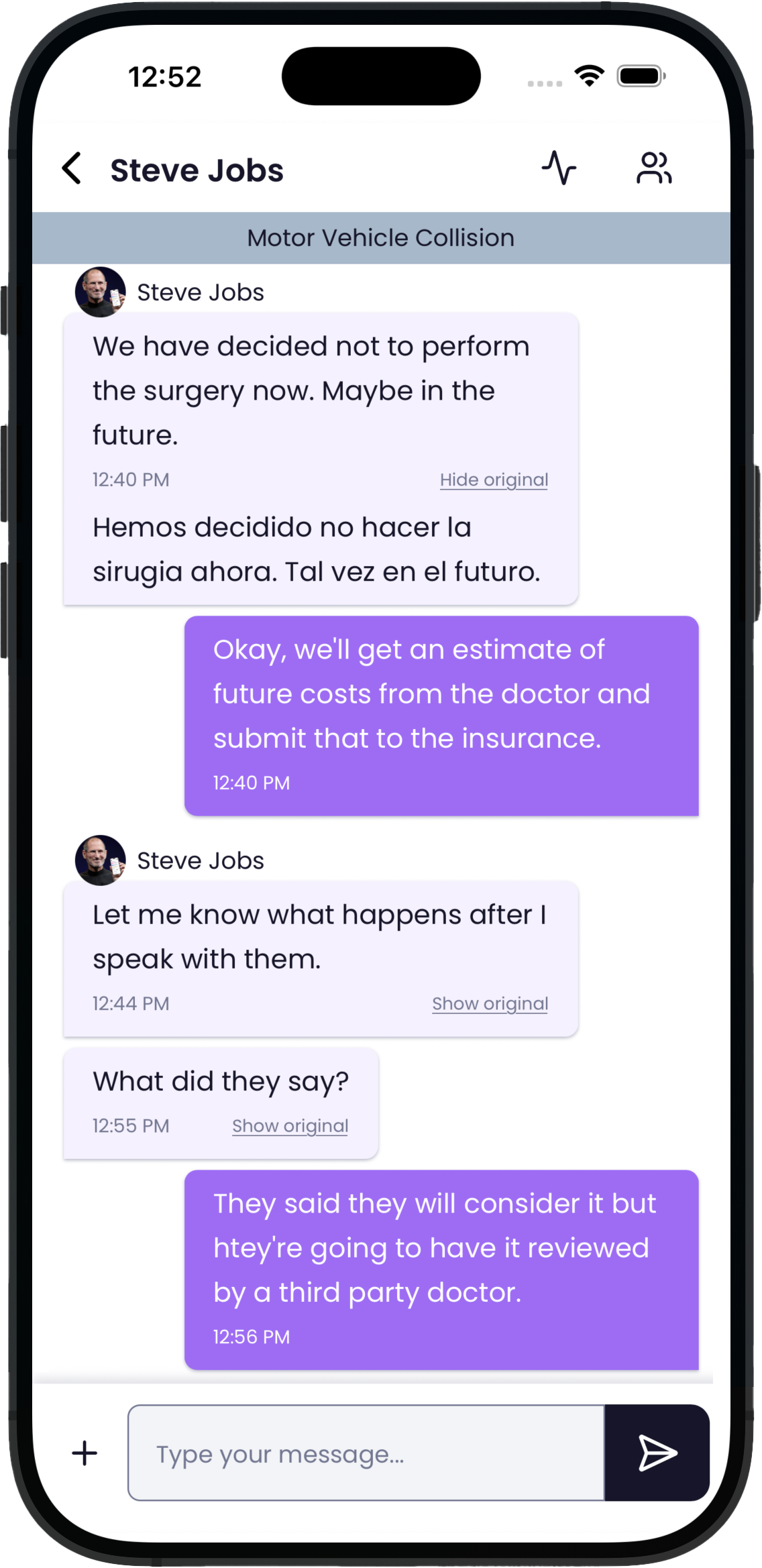 See how attorneys and clients communicate seamlessly inside Quilia’s CaseConnect app with real-time updates and message translation. Mobile CaseChat showing attorney-client messages about insurance and doctor review updates.