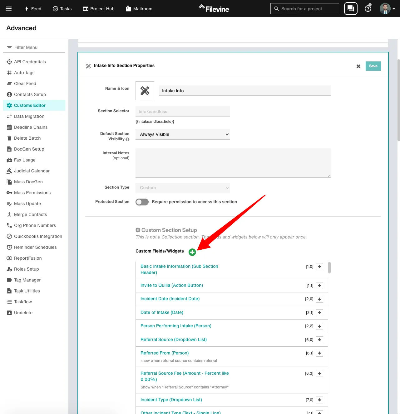 Screenshot of Filevine's Customs Editor highlighting the green plus button to add a new custom widge