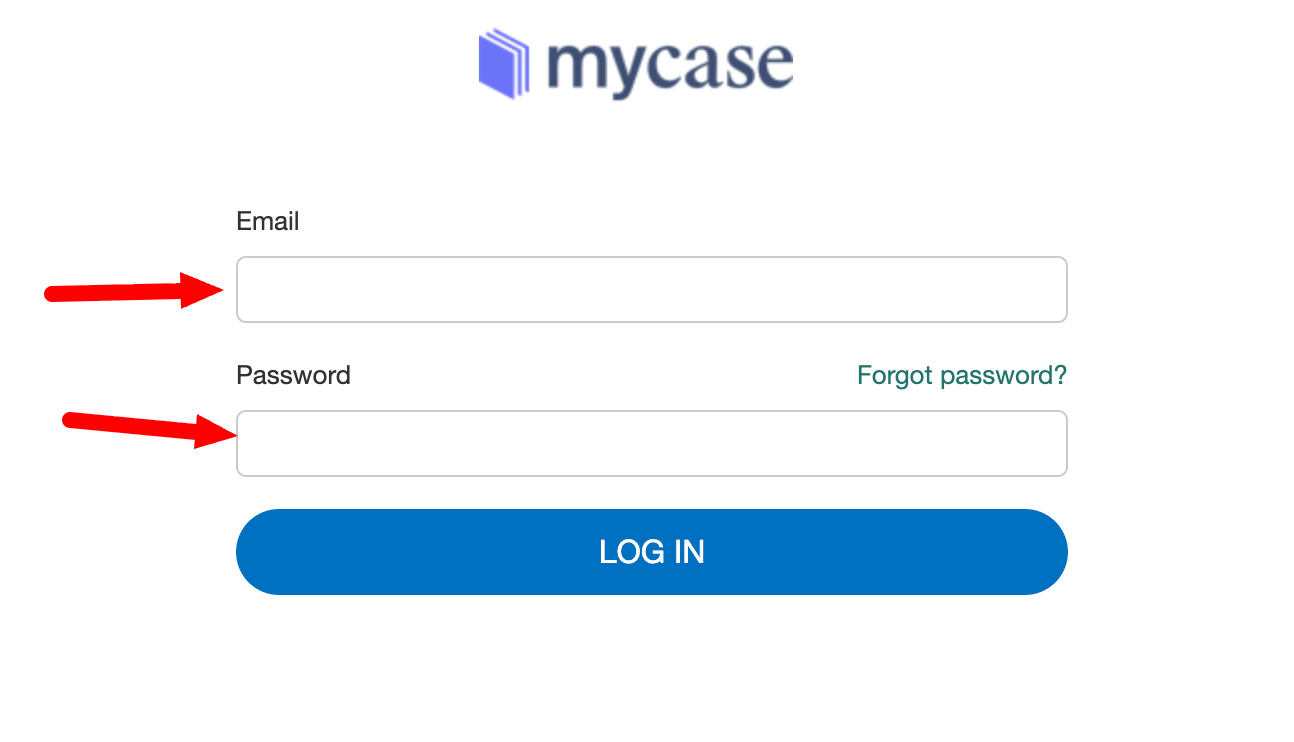 Log in to your MyCase account MyCase login page with email and password fields highlighted