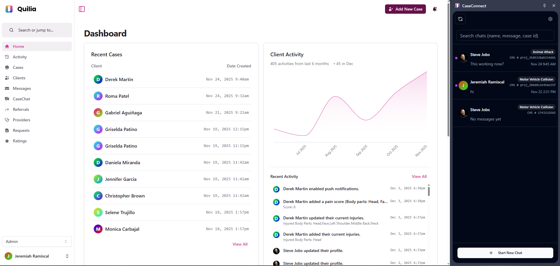 Open CaseConnect to search client chats or start a new conversation. Quilia dashboard with CaseConnect open, showing chat search and new chat options.