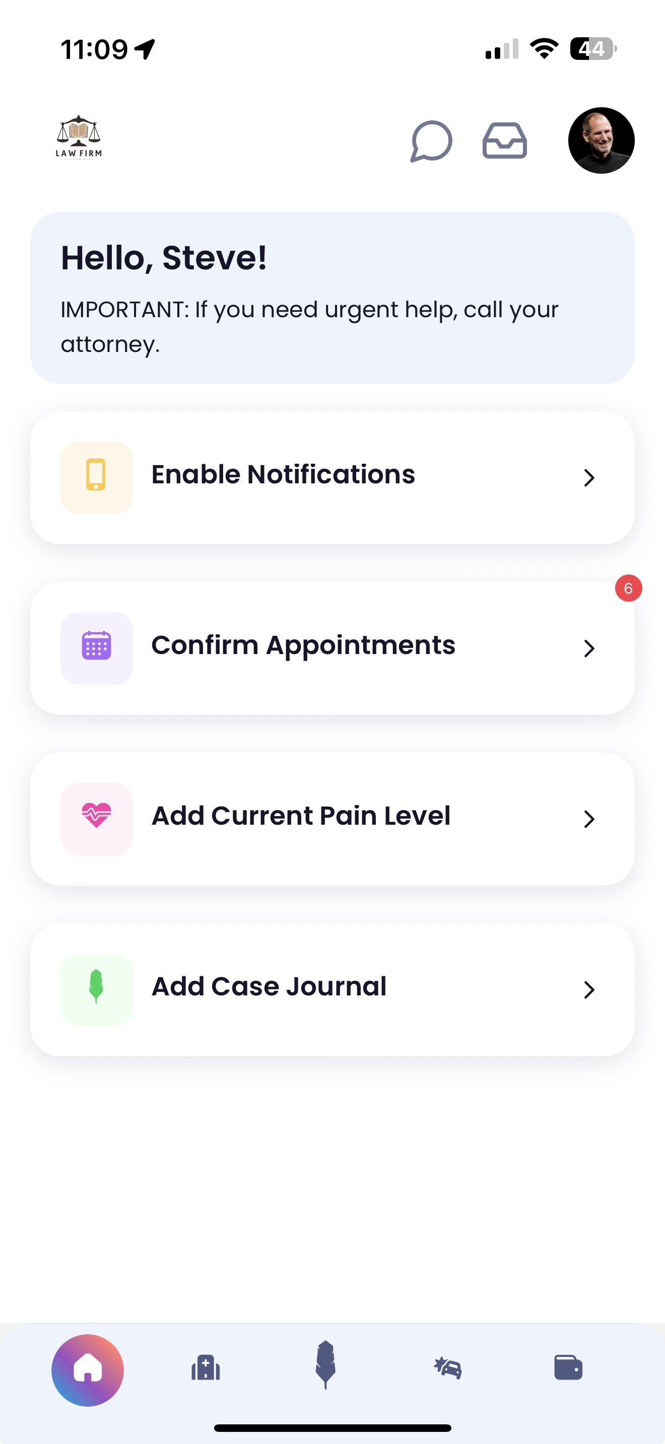 Quilia App Home Screen Screenshot of the Quilia mobile app home screen showing options to add an appointment, case journal,