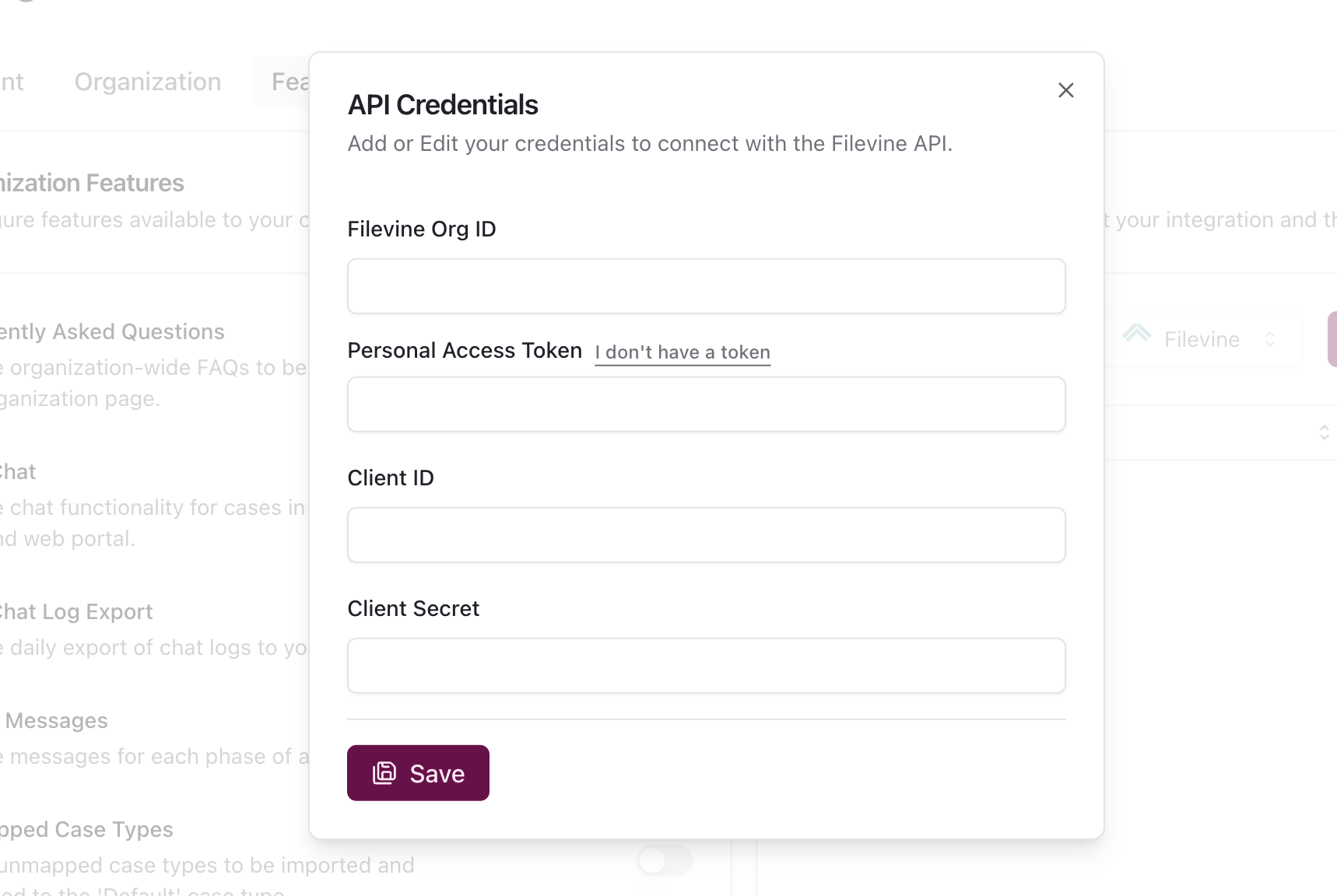 Entering API Credentials in Quilia Screenshot of the API Credentials form with fields for Filevine Org ID, Personal Access Token, Client ID, and Client Secret
