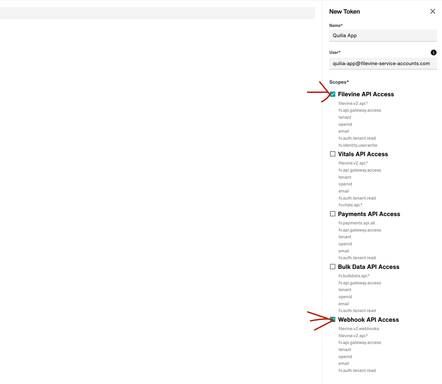 Configuring a New Token in Filevine Screenshot of the New Token form in Filevine with the name “Quilia App” and scopes selected for Filevine API Access and Webhook API Access