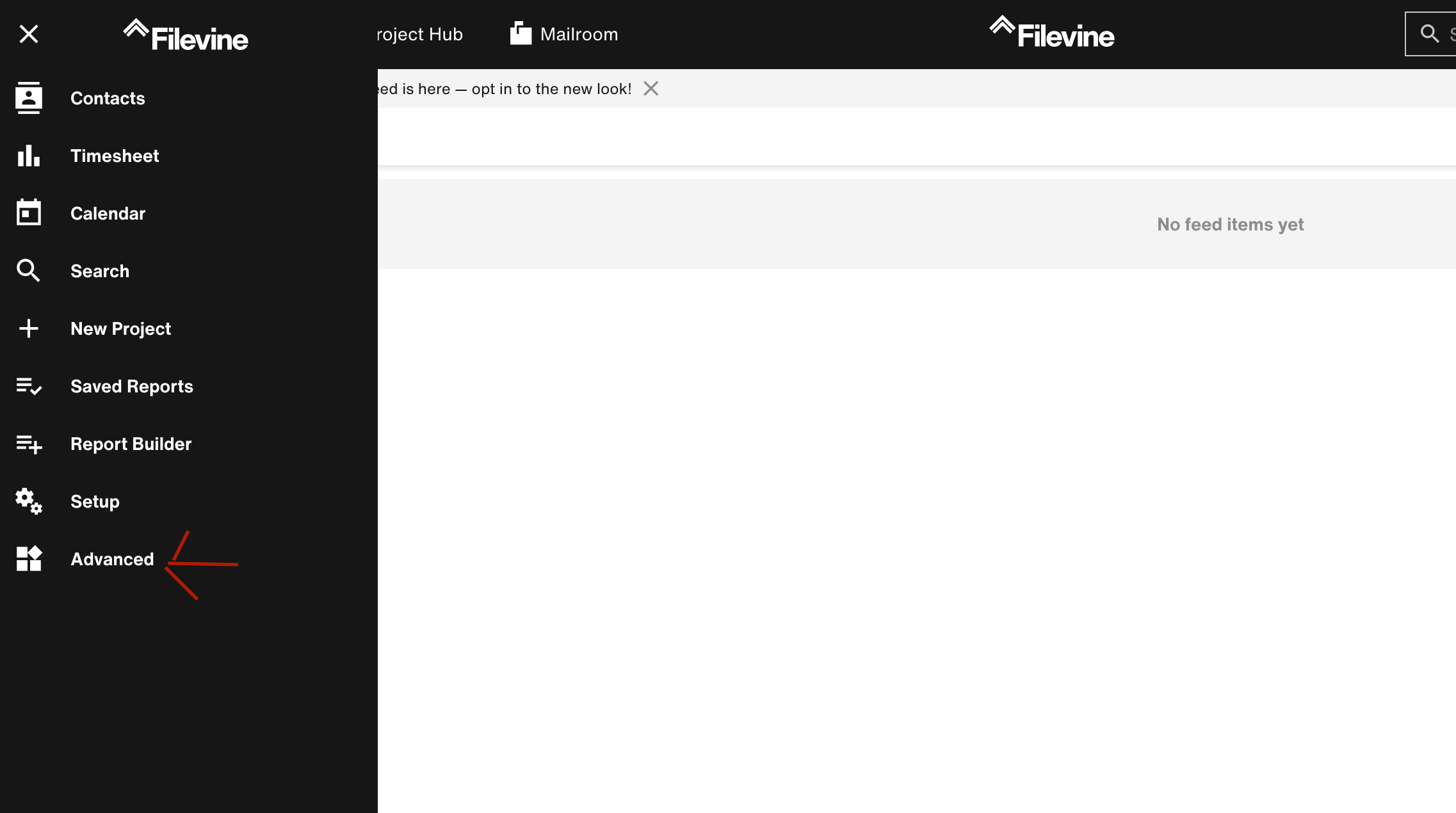 Filevine Advanced Menu Navigation Screenshot of the Filevine sidebar with an arrow pointing to the “Advanced” option beneath Setup