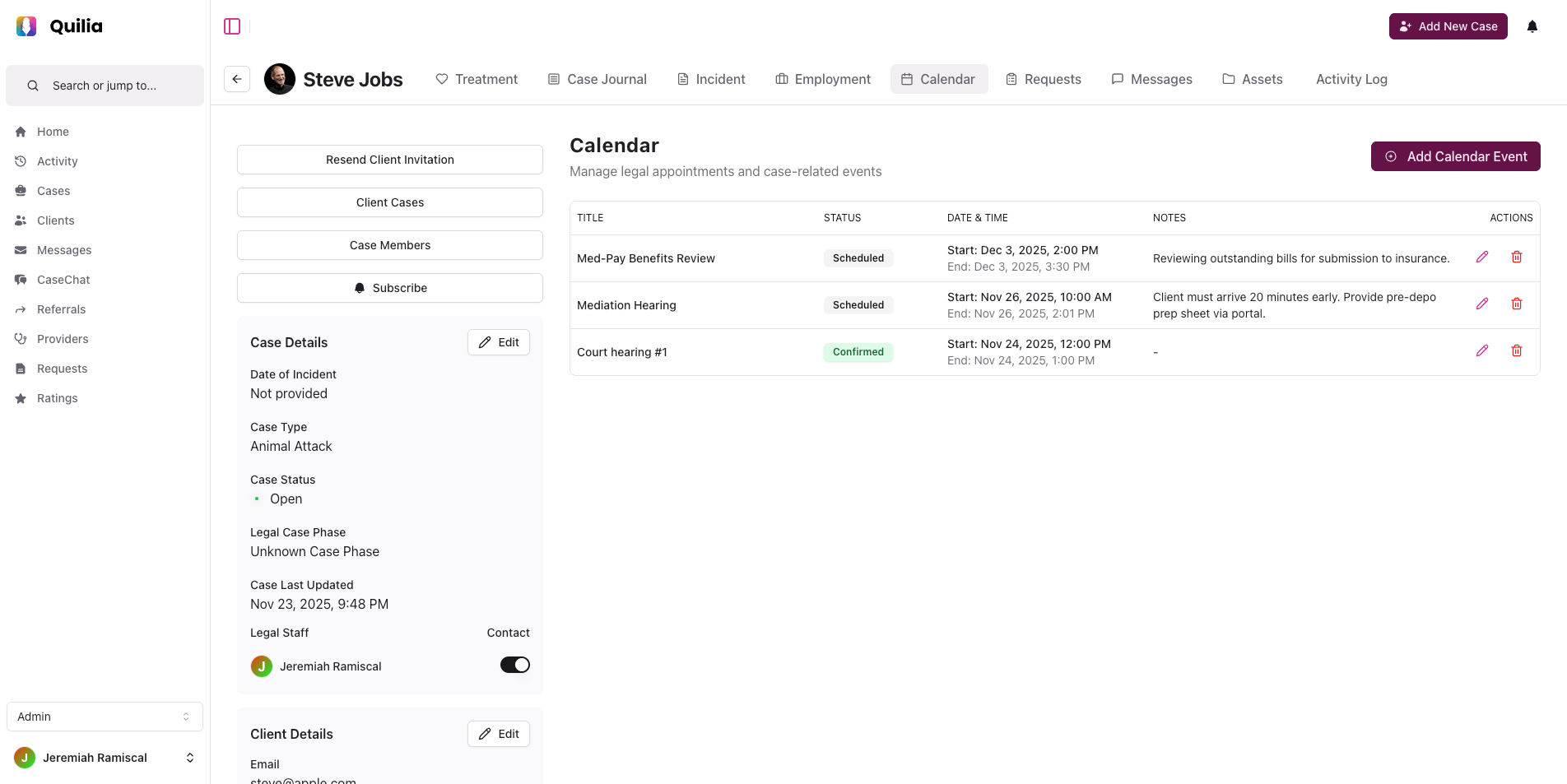 Quilia case calendar with scheduled and confirmed legal appointments for a client case.