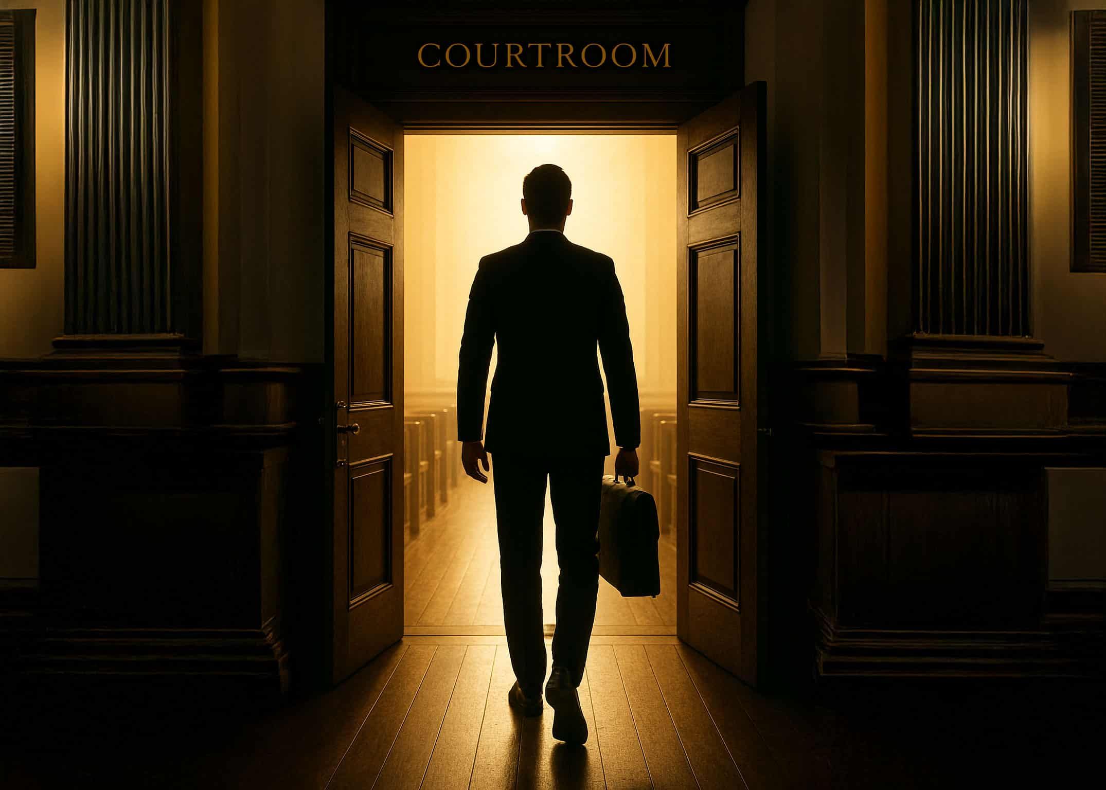 Confident solo attorney entering courtroom empowered by technology