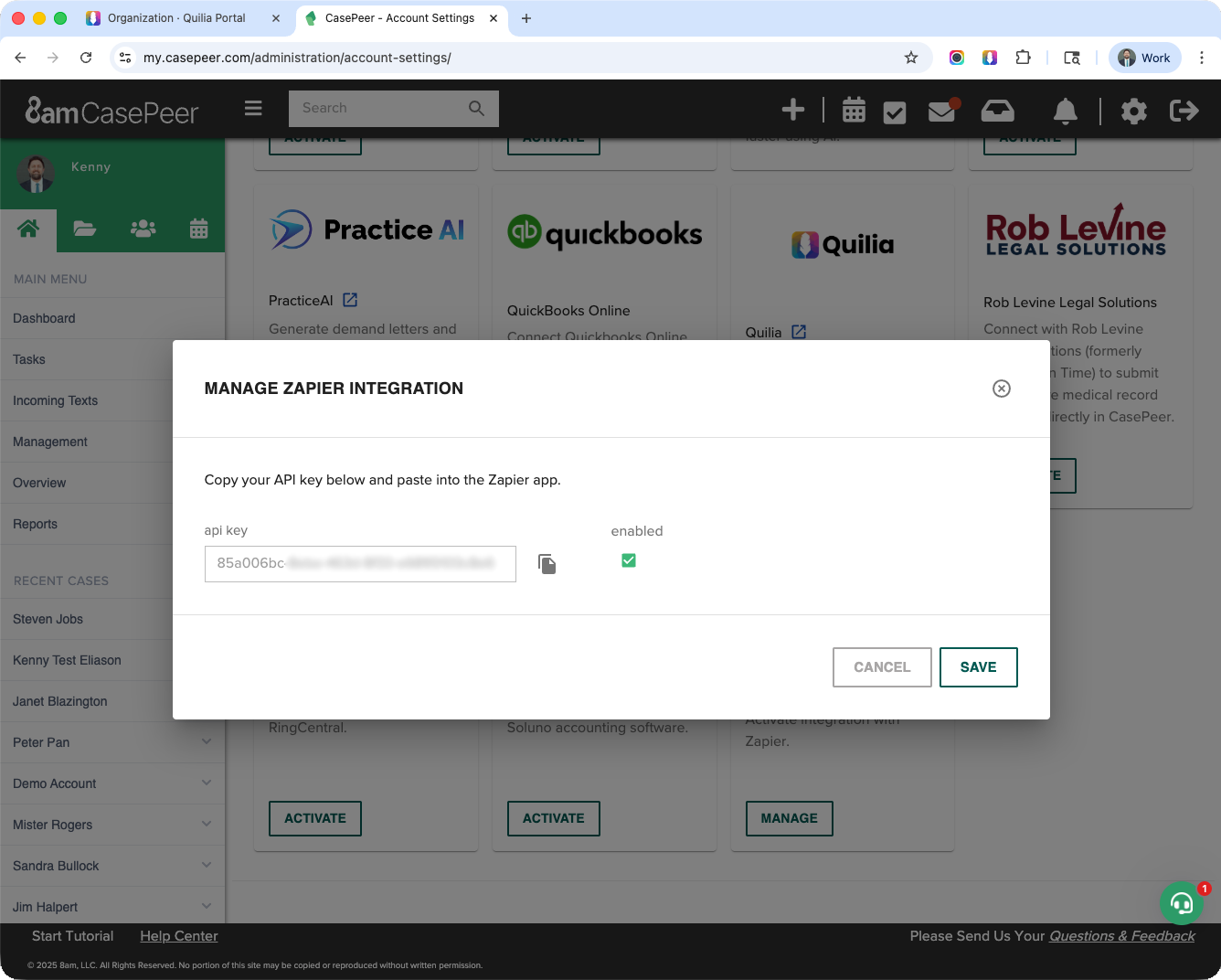 CasePeer account settings showing Zapier integration enabled with code to connect in Zapier.
