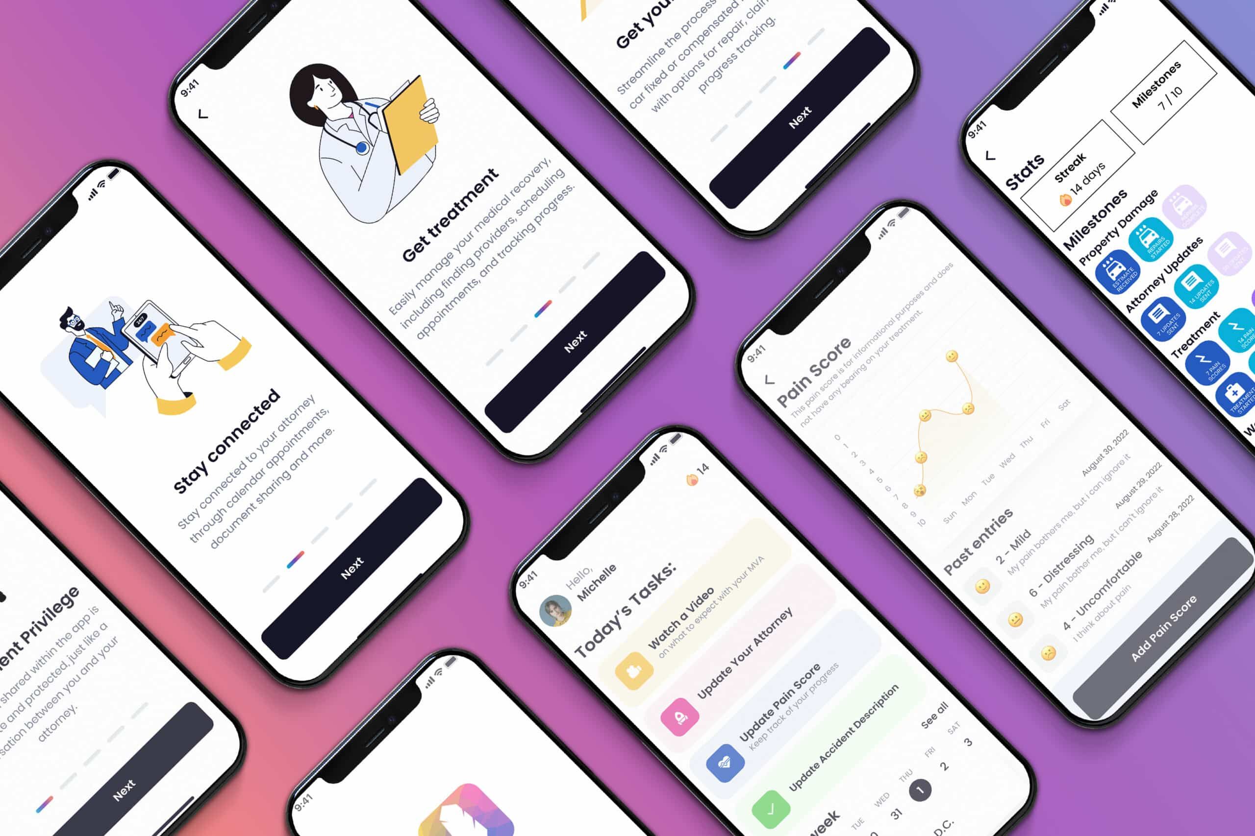 Mockup of Quilia app on smartphones, showcasing its features for managing personal injury cases Mockup of Quilia app on smartphones, showcasing its features for managing personal injury cases