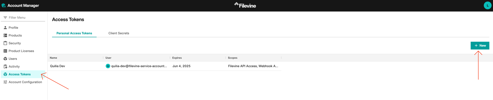 Creating a Personal Access Token in Filevine Screenshot of the Filevine Account Manager with “Access Tokens” selected and an arrow pointing to the “New” button
