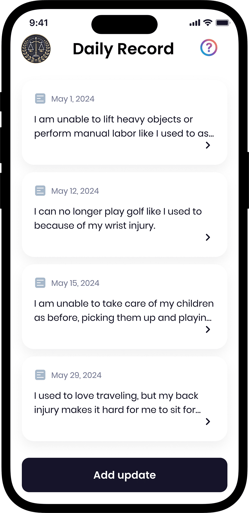 Screenshot of the Quilia app interface showing journaling feature.