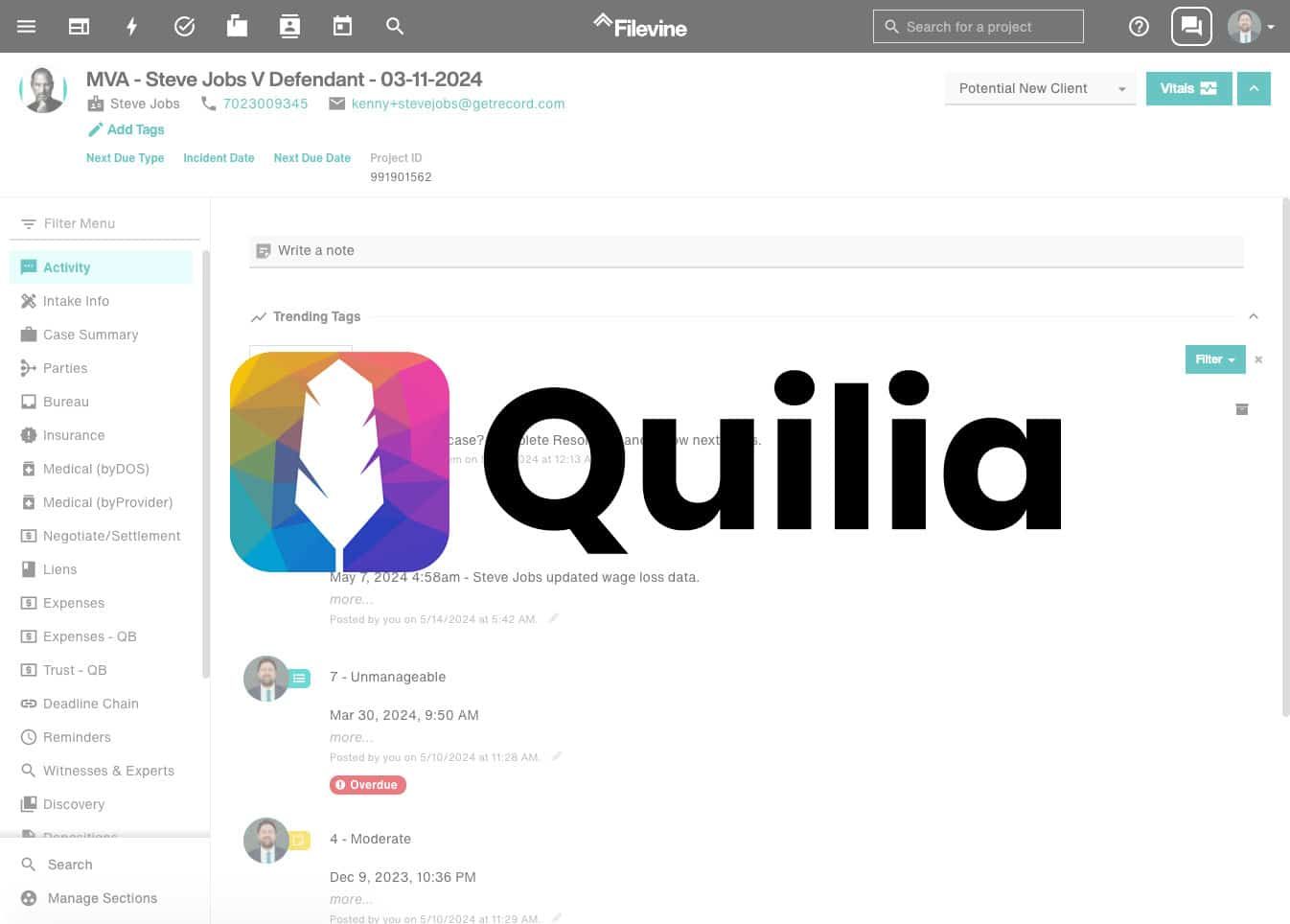 Filevine Quilia Integration Filevine Quilia Integration