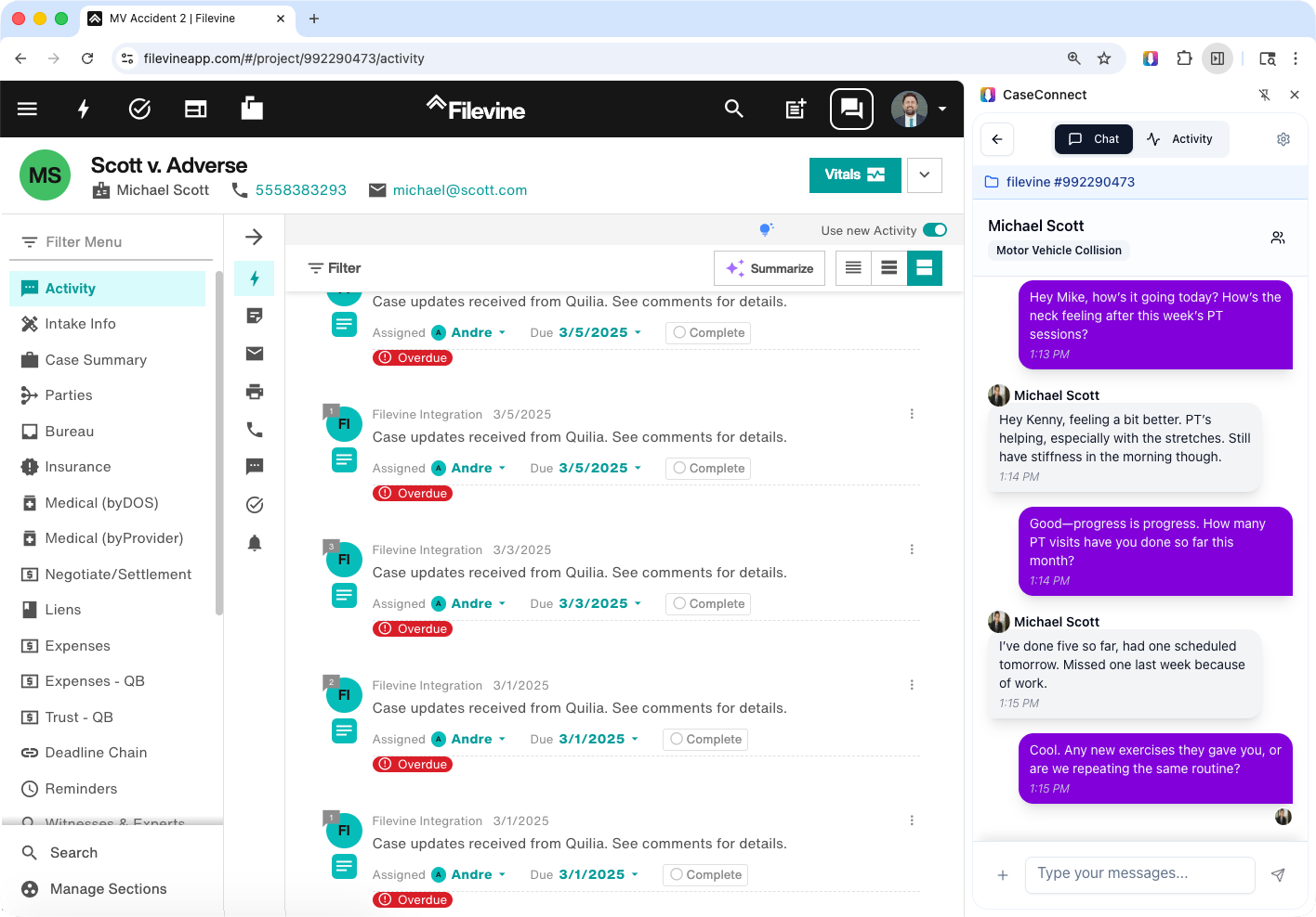 Look at client's case details and message them at the same time with the CaseConnect Chrome extension. Filevine dashboard with CaseConnect extension showing chat with client Michael Scott.