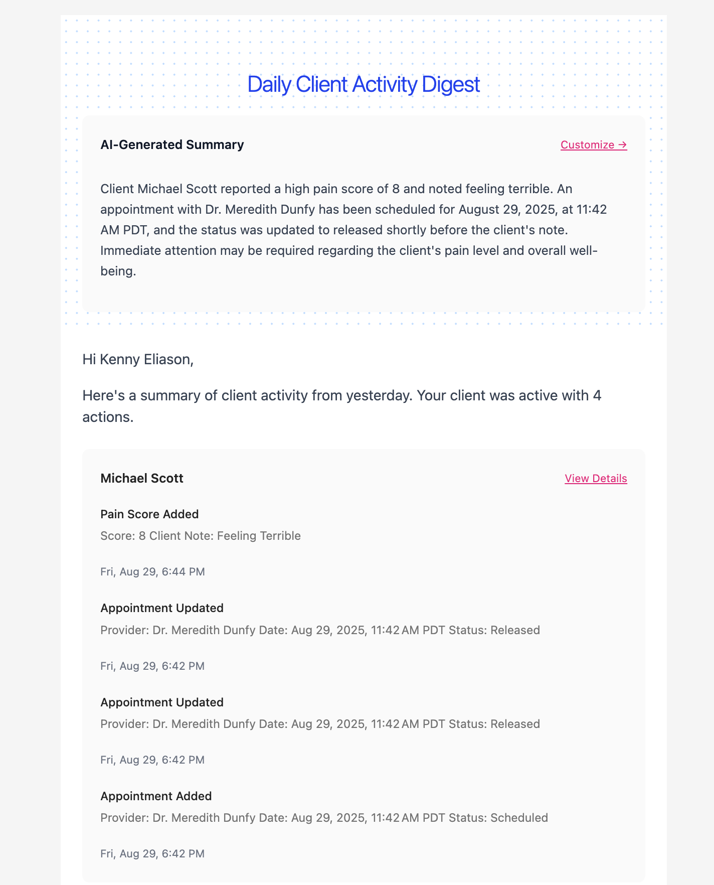 AI-generated client summaries help you spot key updates instantly. Screenshot of Quilia’s Daily Client Activity Digest showing an AI-generated case summary.