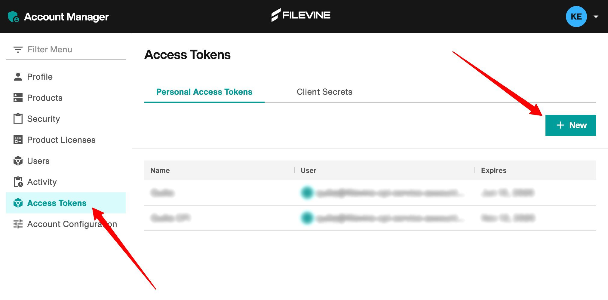 Creating a Personal Access Token in Filevine Click on “Access Tokens” then click the “New” button
