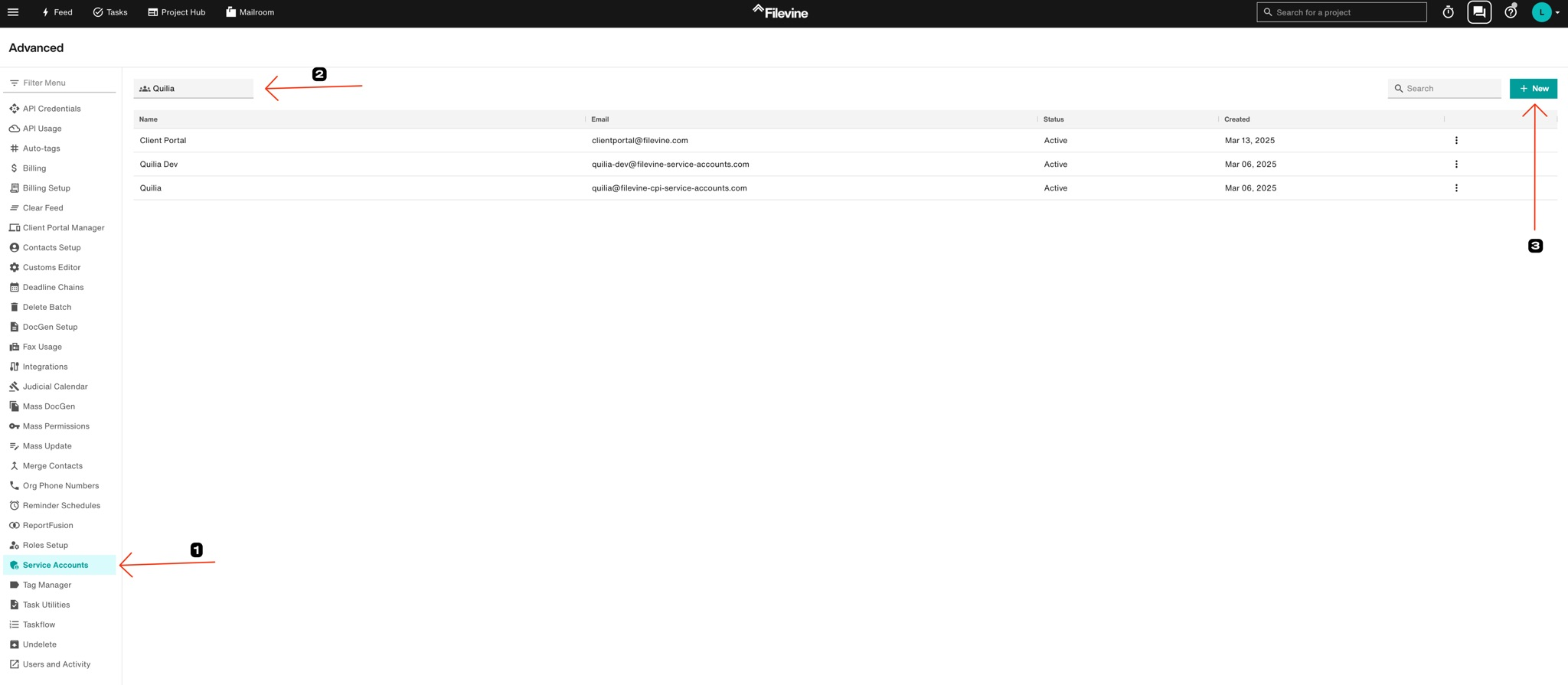 Filevine Service Accounts List Screenshot of the Filevine Advanced menu with “Service Accounts” selected, showing a list of accounts and an arrow pointing to the “New” button