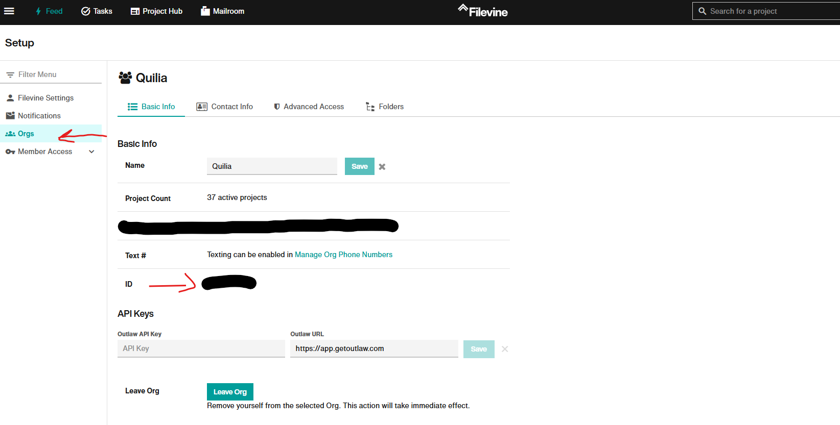 Viewing Organization ID in Filevine Screenshot of the Filevine Setup page with “Orgs” selected, showing organization details for Quilia, including the ID field highlighted