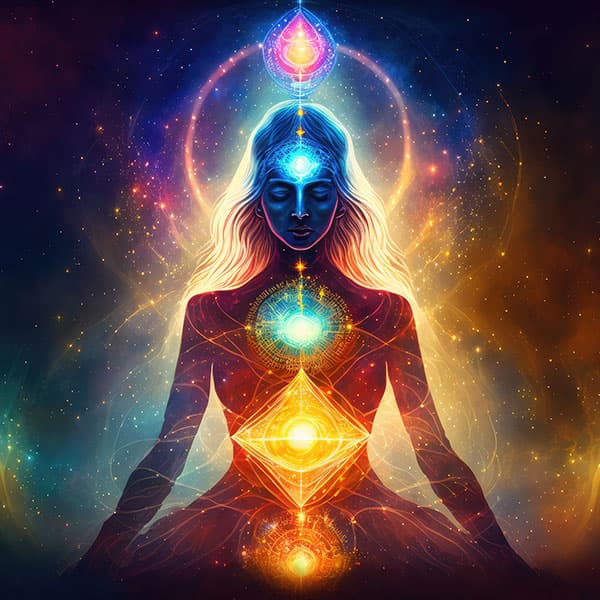 illustration of a cosmic woman meditating in a yoga position with all chakras awakened