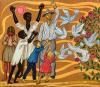 Detail from a colorful oil painting on wood from 1978 by Heinz Karl Kummer entitled Solidarity. Six people are standing next to a rose bush. Among the people are two adults and four children. Five people are stretching their hands towards white doves flying away from the rose bush. One person holds both hands in front of his face.