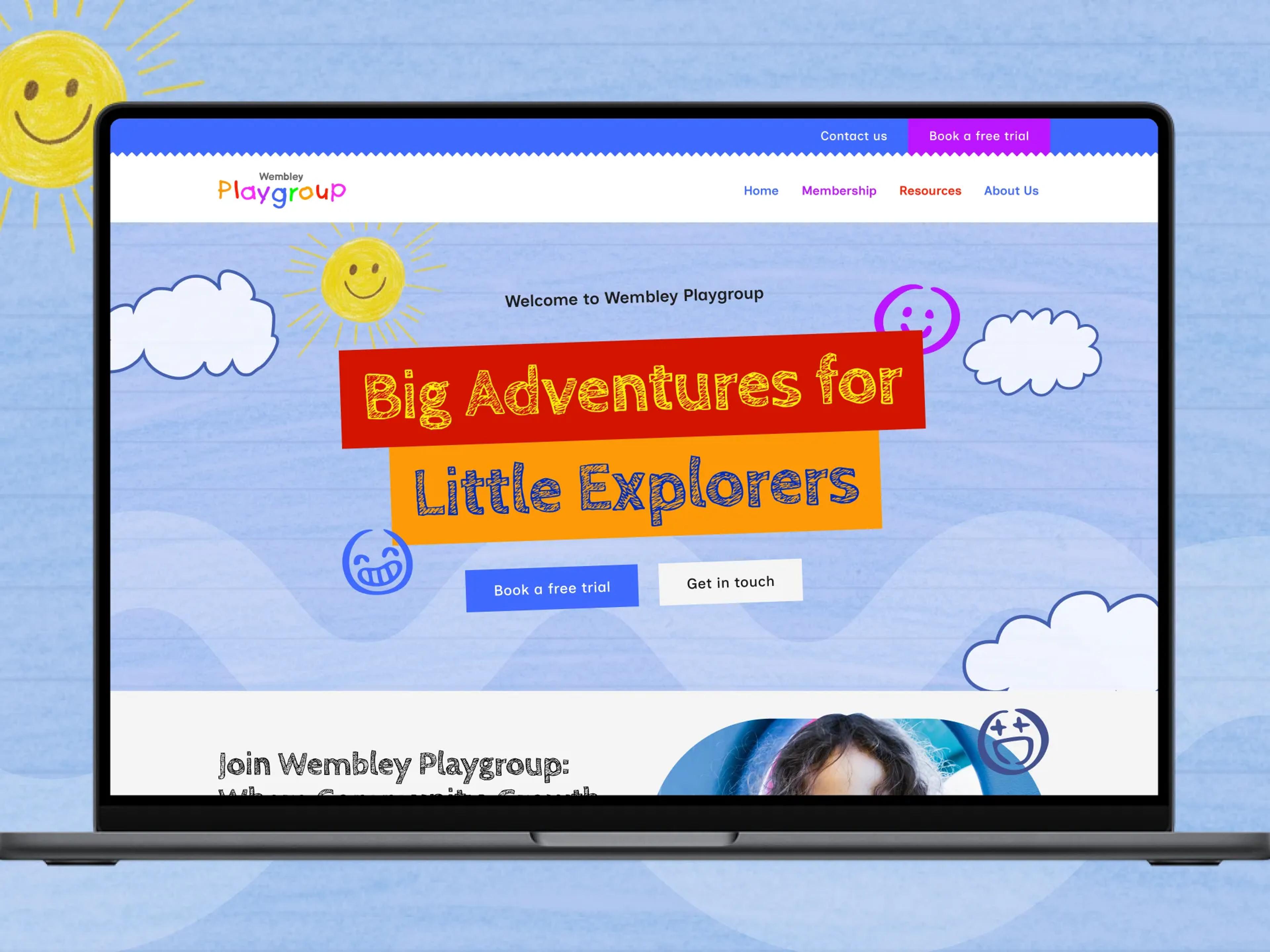 A mockup of the Wembley Playgroup website on desktop.