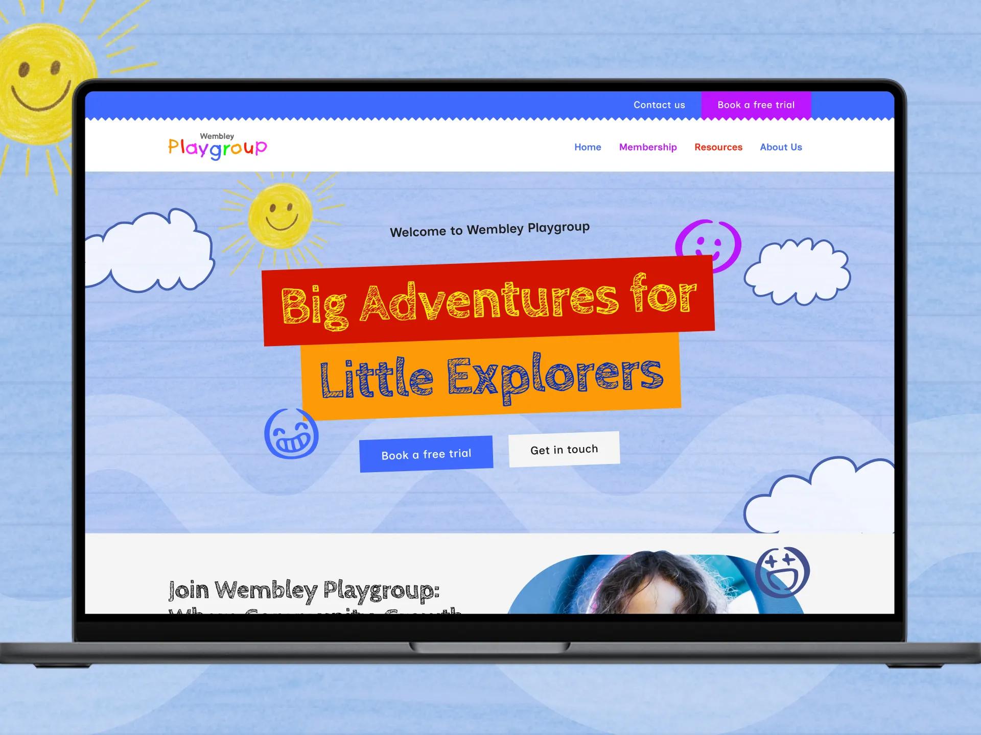 A mockup of the Wembley Playgroup website on desktop.