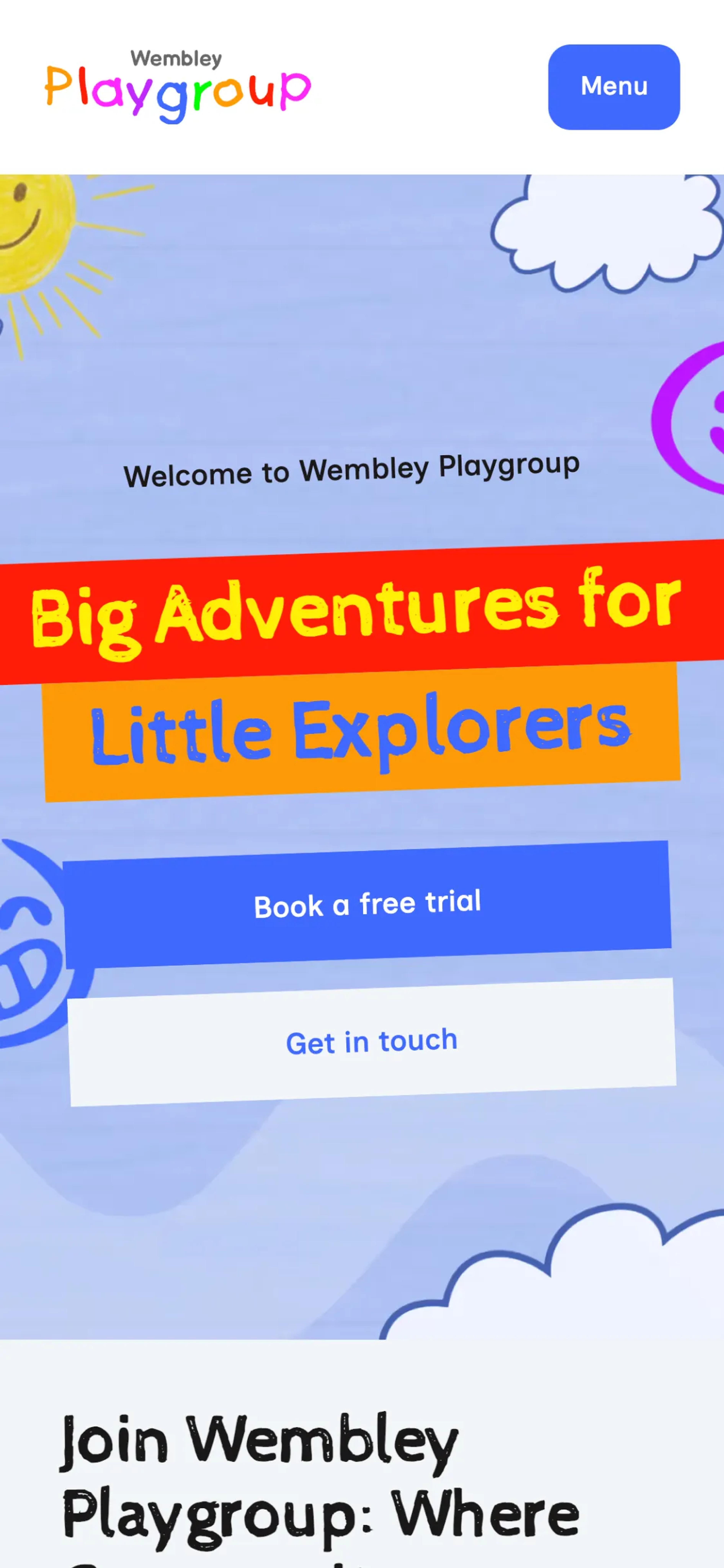 A mockup of the Wembley Playgroup website on mobile.