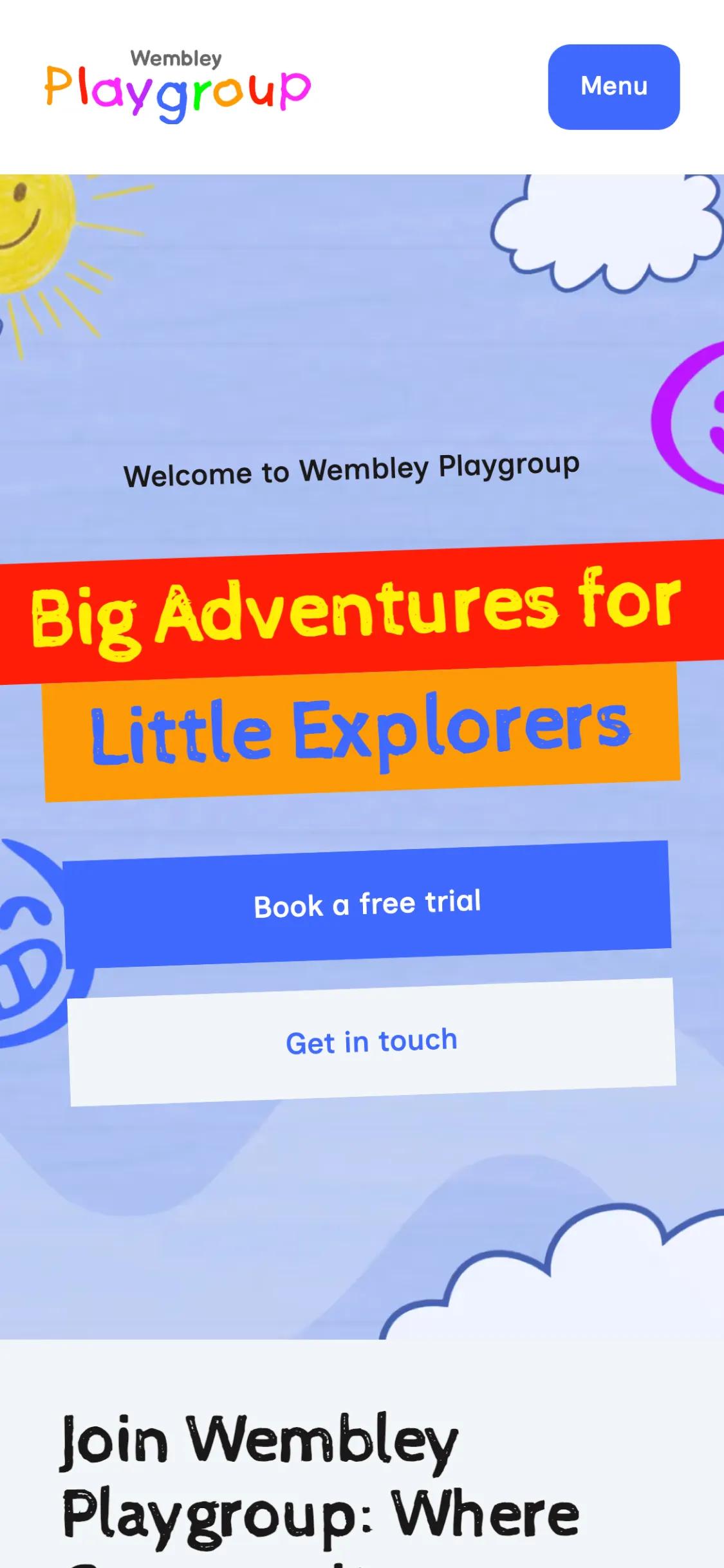A mockup of the Wembley Playgroup website on mobile.