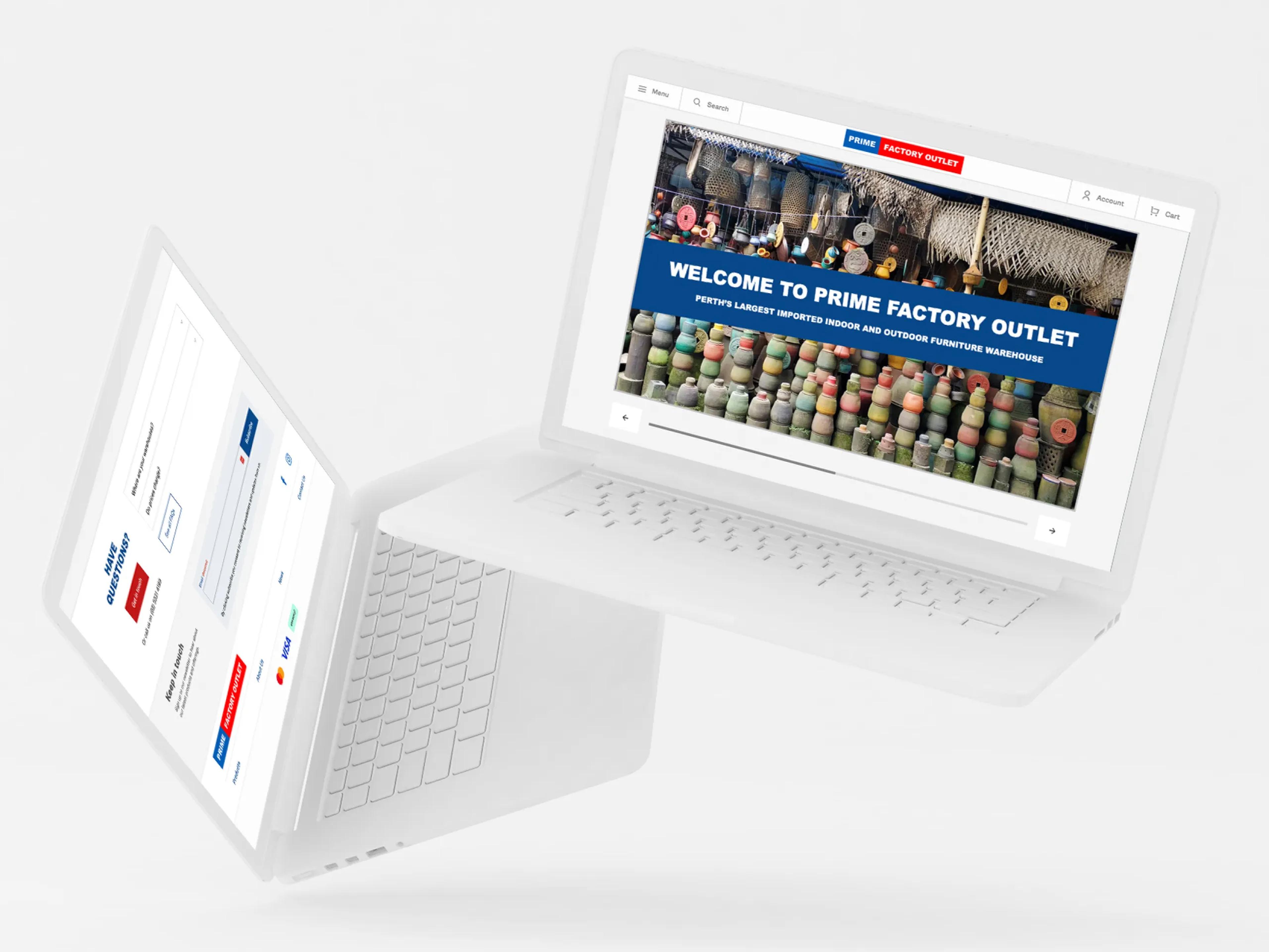 A mockup of the Prime Factory Outlet website on laptop.