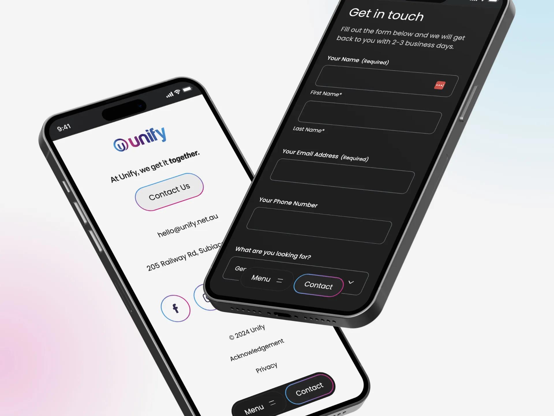 A mockup of the Unify website on mobile.