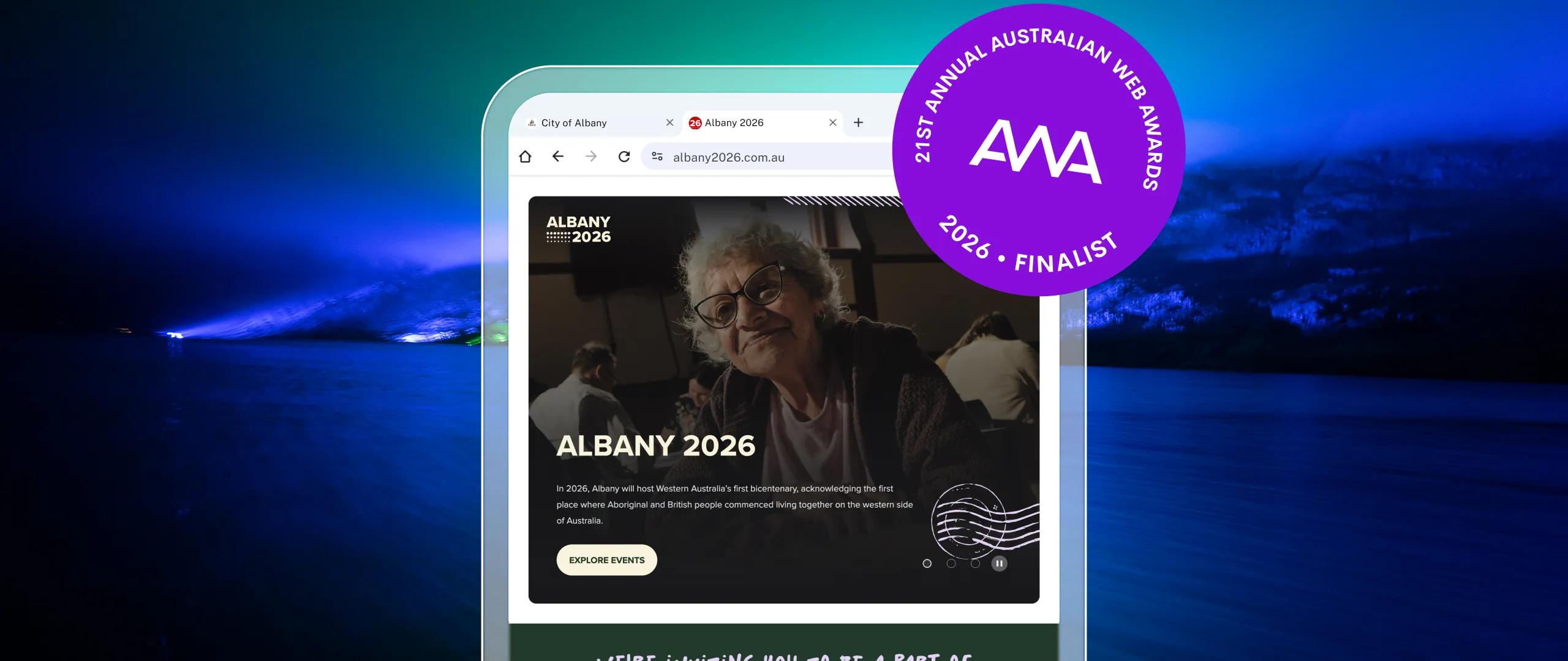 A mockup of the Albany 2026 website on tablet with a badge on the top right "AWA 2026 Finalist".