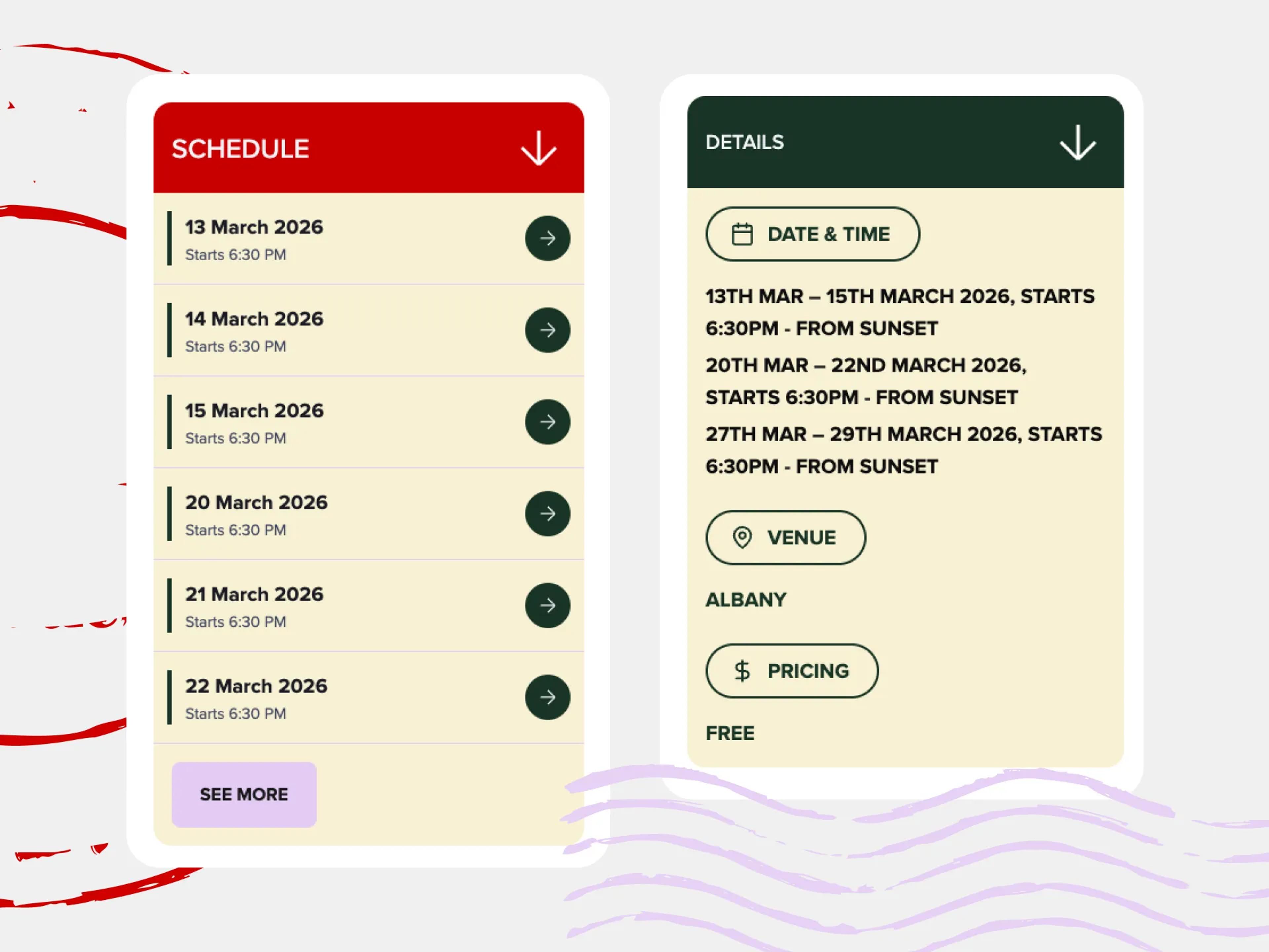 A mockup of the Albany 2026 website calendar on mobile.