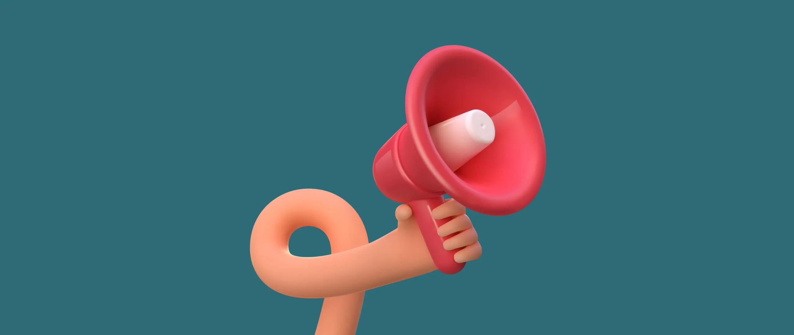A 3D render of a hand holding a megaphone.
