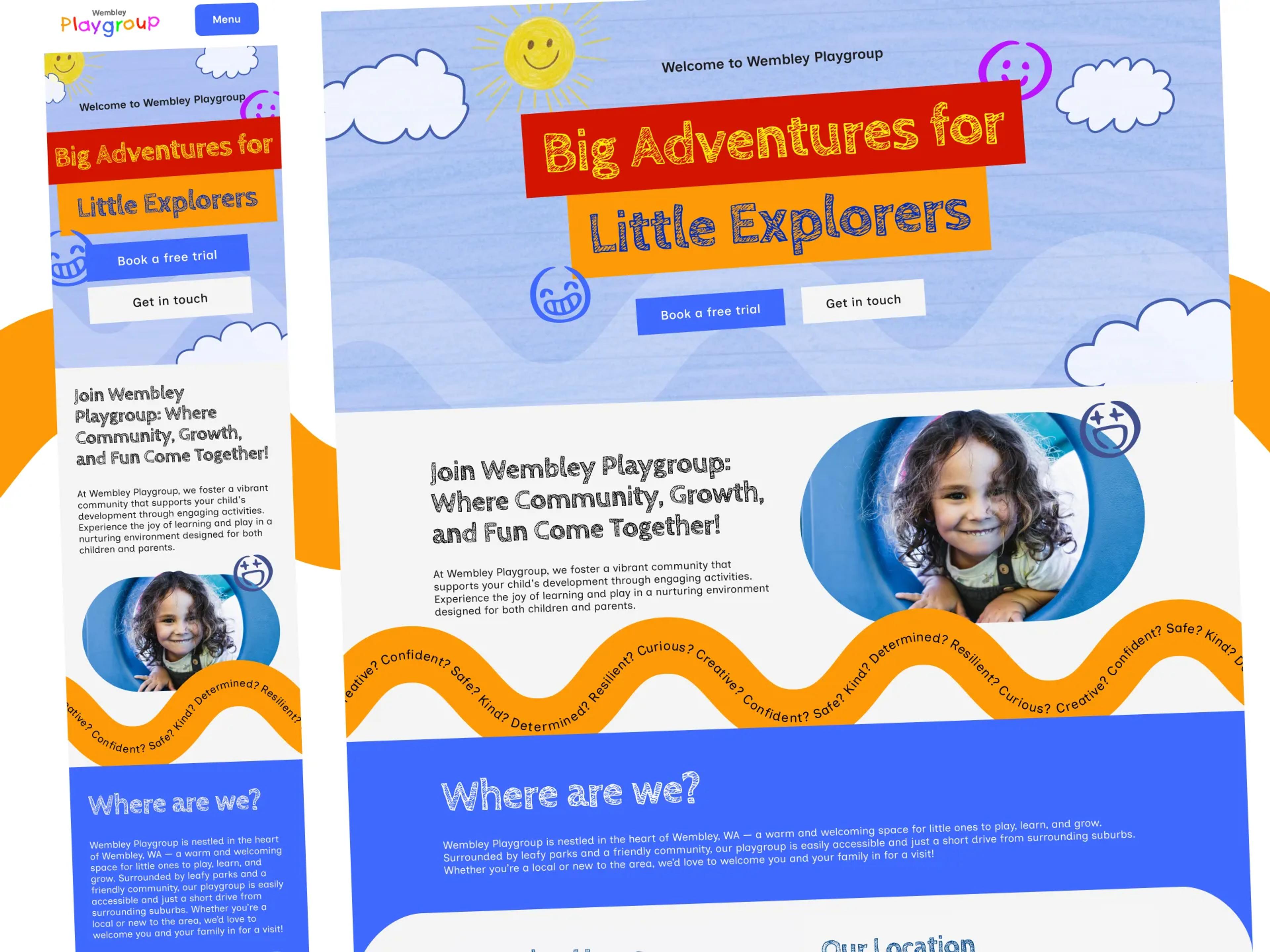 A mockup of the Wembley Playgroup website on mobile and desktop.