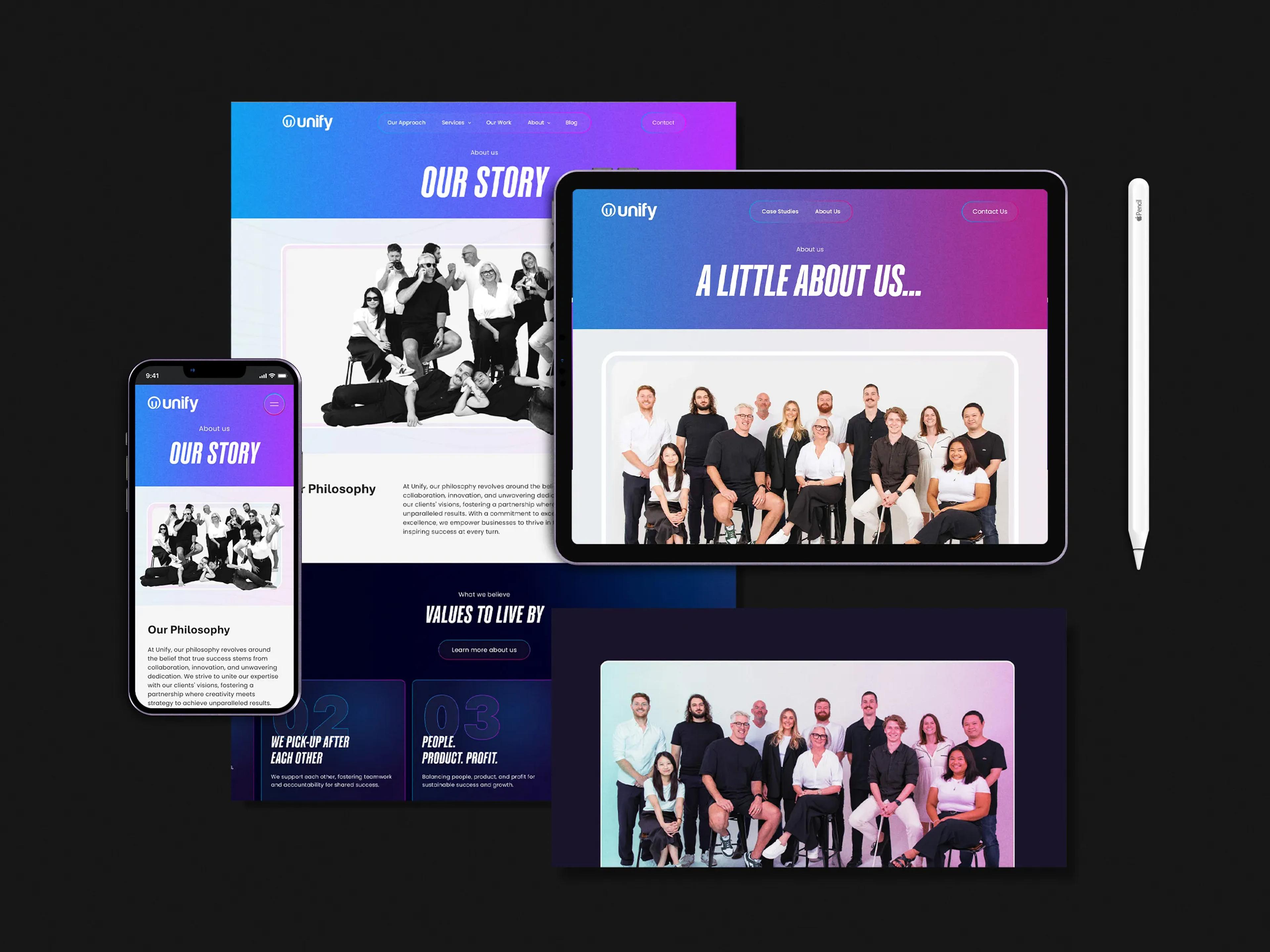 A mockup of the Unify website across multiple devices and browsers.