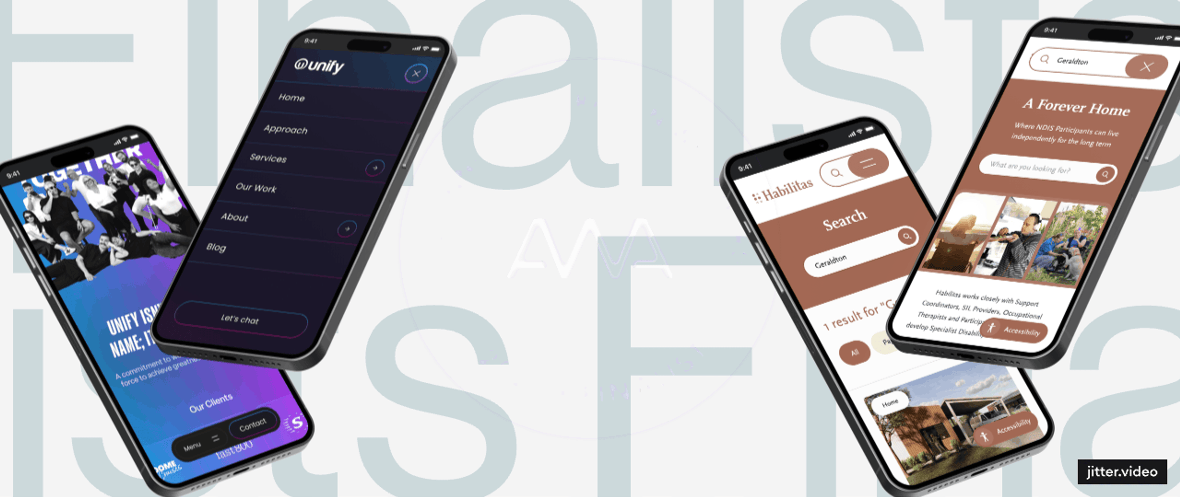 A mockup of some phones with websites we have built on them. There is a badge in the centre reading "20th Annual Australian Web Awards 2025 Finalist".