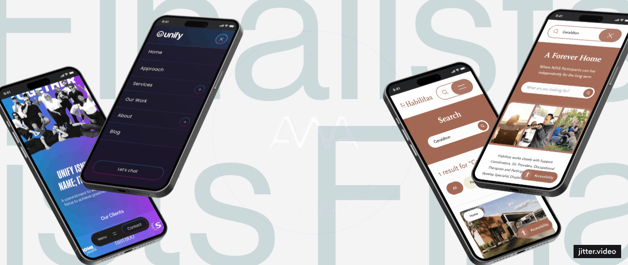 A mockup of some phones with websites we have built on them. There is a badge in the centre reading "20th Annual Australian Web Awards 2025 Finalist".